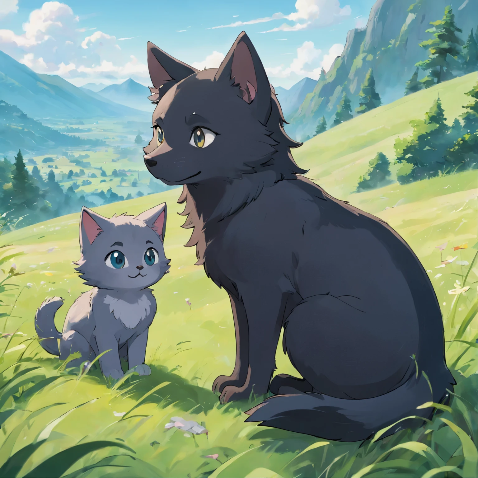 a black kitten and a big gray wolf, look at the camera ,do cat pose, Ultra-clear and ultra-high resolution ,Outdoors during the day, There are distant mountains and grasslands