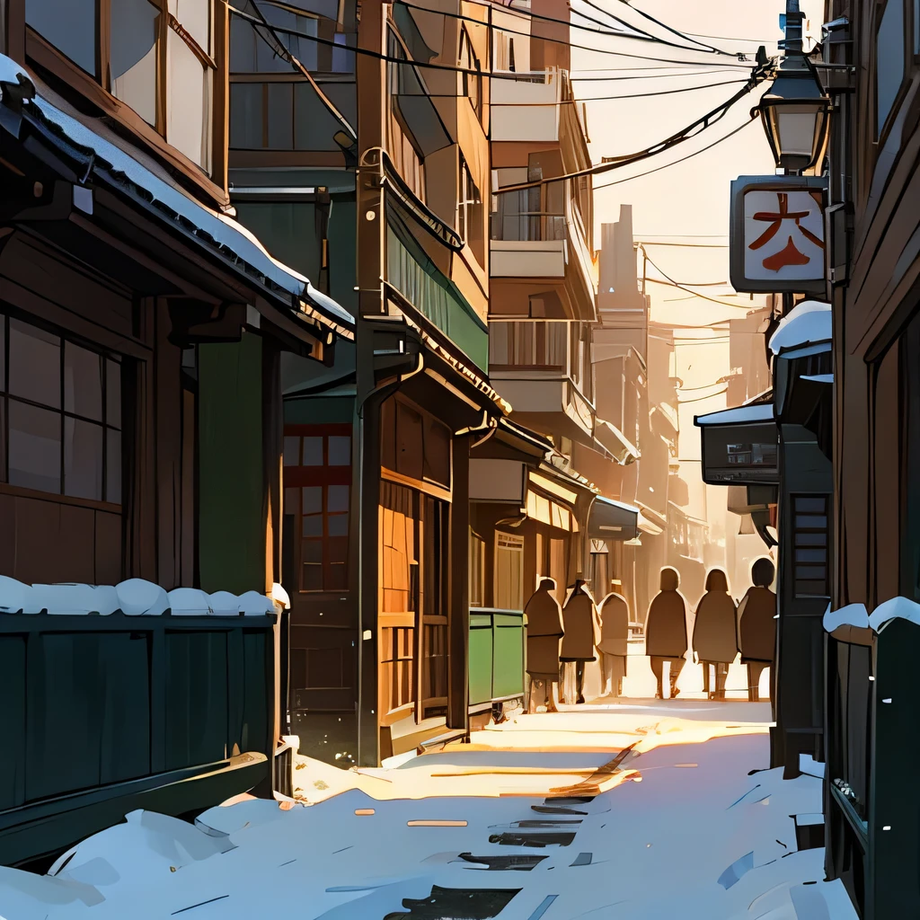 one point perspective, sketch, alley, japan style、 snow、night、Bustling people々、downtown scenery 、people coming and going々、You can feel the feel of the brush、Studio Ghibli、Ghibli、
