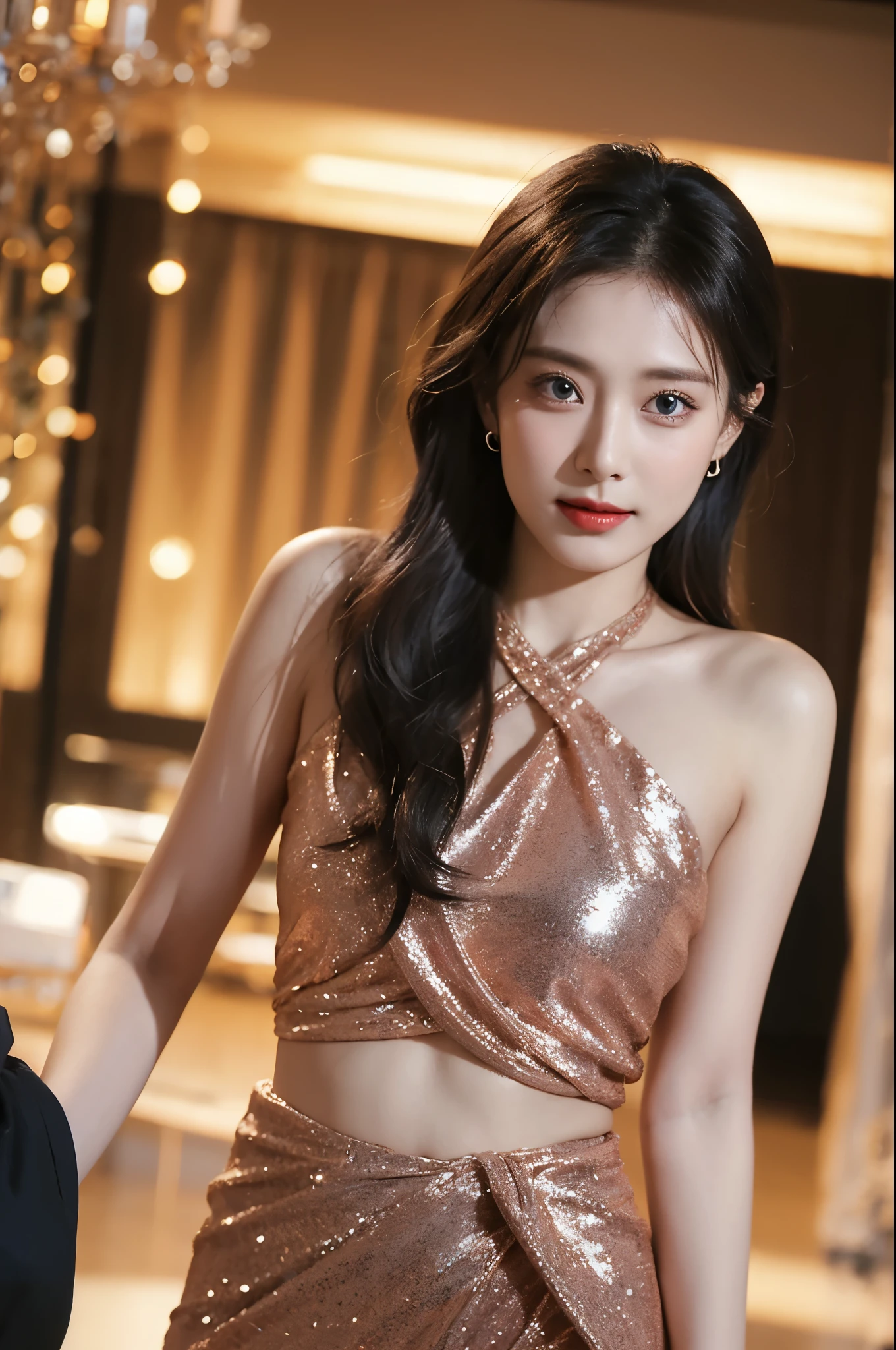 高质量的工作,Realistic works,super premium graphics,8K HD CG works,high quality graphics,High-definition and exquisite CG works,10x pixels,Ultra-fine details:1.1,Advanced technical details:1.1Realistic photo effects,室内灯光效果:1.5,Natural soft light:1.5. 光效(虚拟灯光效果:1.8),超高分辨率,shiny连衣裙,sliver long hair,silber hair,transparenthair,高细节头发(Quality hair details:1.1)Clear eyes,Double eyelids look good,sharp eye makeup, Create exquisite eyelash makeup, tthin eyebrows, Ultra-detailed eyes,a tall nose, lovely red lips, rosey cheeks, The face is painted with delicate makeup , 漂亮的脸, The face shape is perfectly proportioned,(Advanced facial details:1.3)sparkling luxury gown collection,Glitter dress,sequin coat,shiny,Tight long skirt,summer sexy butt-wrapped fishtail sleeveless commuter maxi skirt,Horse socks 100%Oily Panster Glossy silk Gloss 8D Black silk Women's,衣服好看,High fashion clothing series,Dress photography,Authentic clothing creations,inside a ballroom,Women's artwork,Full body video dressed,真实感,惊人的乳沟,My eyes are very bright today