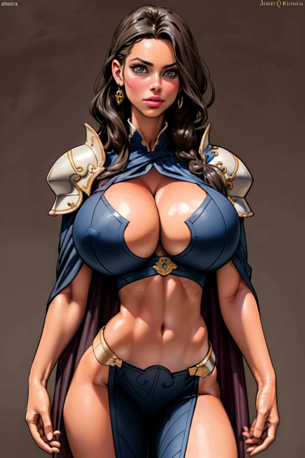 a ((female knight)), wearing armored dress, intricate, (armor shoulders), (armored cape), ((gigantic breasts)), highly detailed, by michael garmash and Aleksi Briclot,(aletta ocean face), (navel cutout, cleavage cutout), 