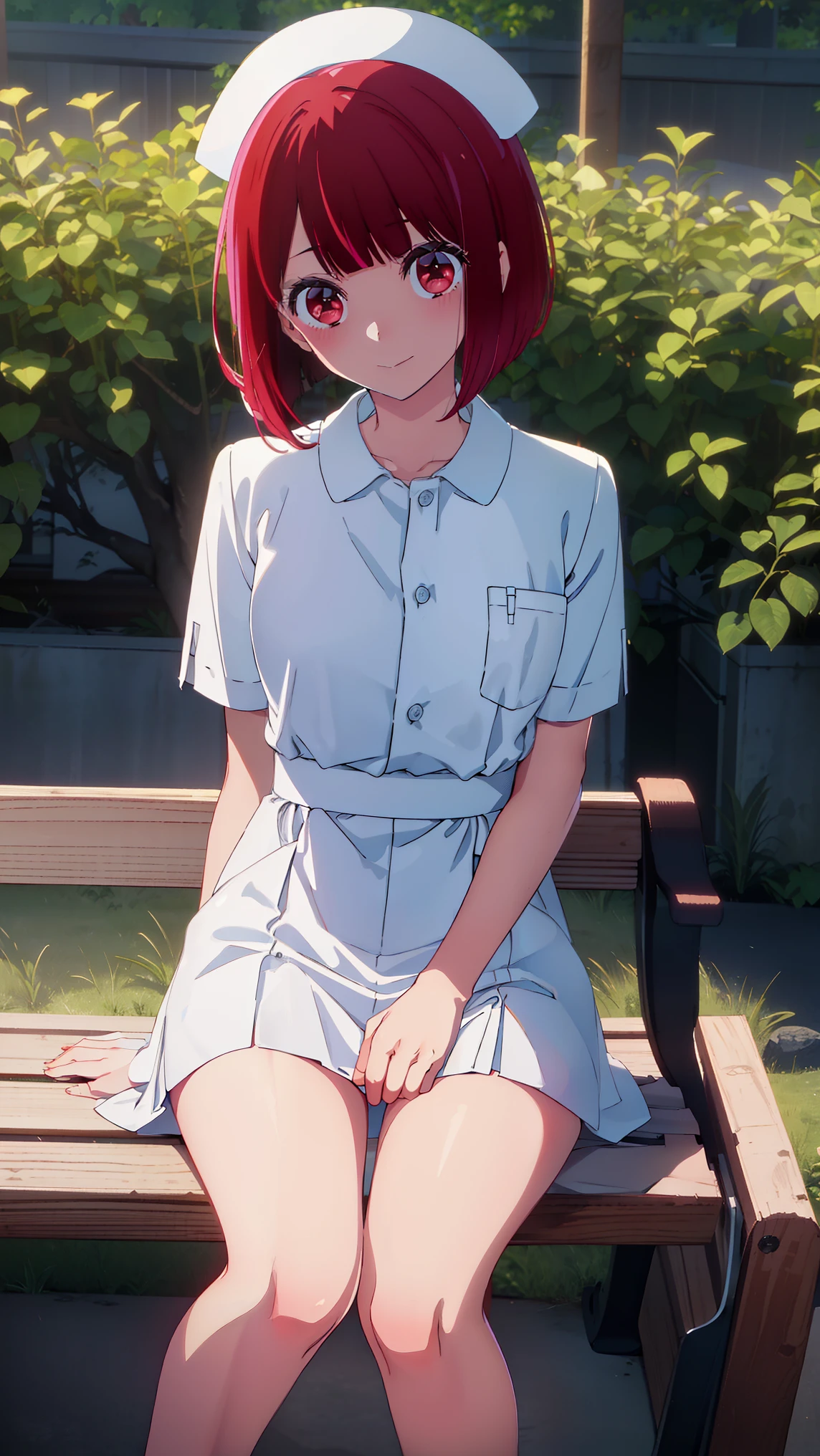 Arima maybe, Arima maybe, bob cut, (red eyes:1.5), redhead, short hair, , Nurse Cosplay，hair in the wind，、thighs，whole body，，skirt，White nurse uniform，smile，whole body，White loafers，shy，closed mouth，
collapse under the viewer&#39;s gaze.,
destroy the inside, garden,sit on a bench
, highest quality, High resolution, unity 8k wallpaper, , (beautiful and detailed eyes:1.6), highly detailed face, perfect lighting, Very detailed CG, (perfect hands, perfect anatomy),