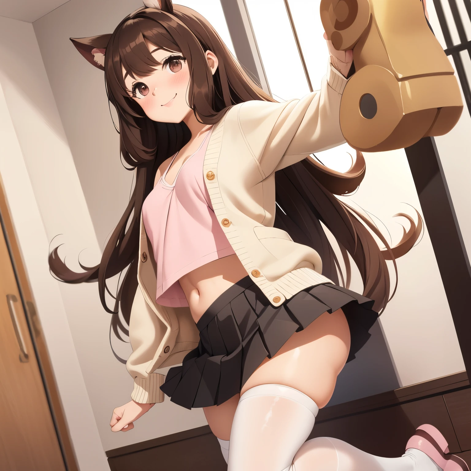 1girl, dark brown hair, hazel eyes, golden retriever puppy ears, cute, puppy girl, smiling, blush, long hair, bangs, floppy puppy ears, white pleated skirt, baby pink crop top, open white cardigan, thigh highs, mary jane shoes, coquette aesthetic