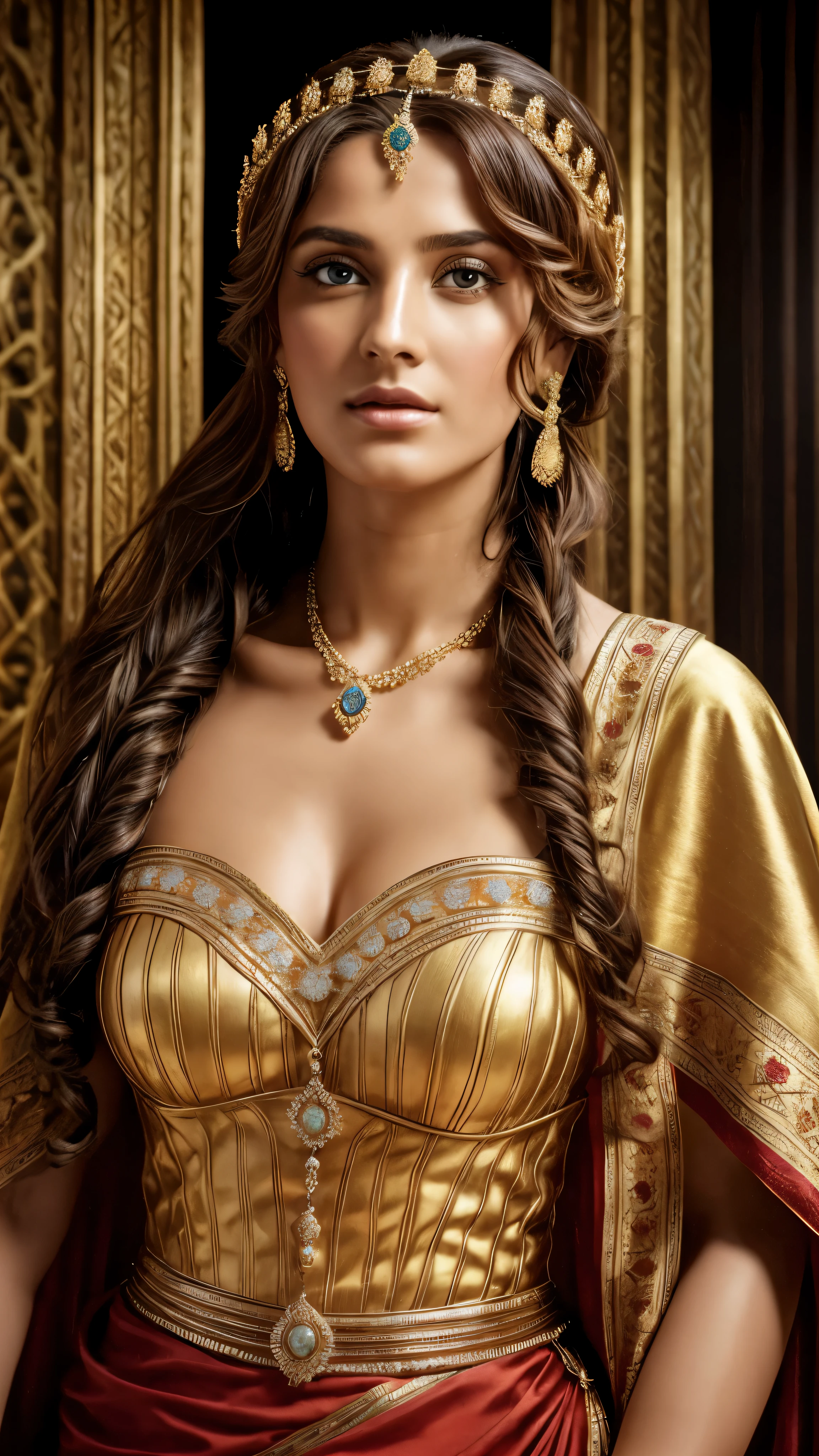 The image should depict Helen of Troy, extremely gorgeous, matchless beauty, pierced eyes, a legendary figure whose beauty ignited the Trojan War. It should highlight her seductive beauty, the Trojan cityscape, her divine origins, her divine presence, the contrasting forces drawn to her, and her emotional depth. The image should convey the complexity and turmoil surrounding her existence, highlighting her divine origins, divine origins, and the weight of responsibility and sorrow she carried.