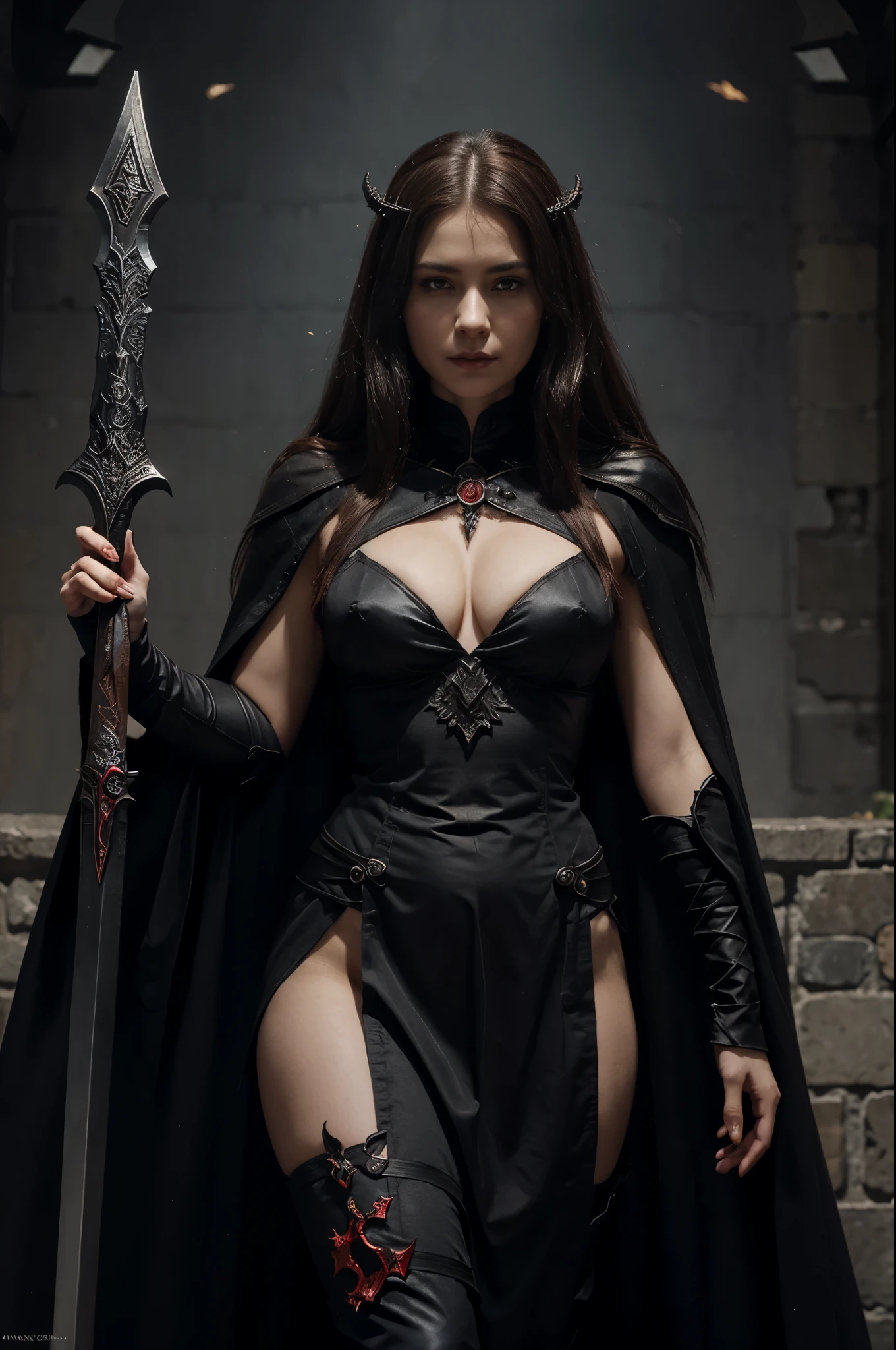 arafed plump woman in a black dress with short brown hair with a sword and a red cape, dark fantasy style art, by Arthur Pan, by Yang J, abaddon and magali villeneuve, dark fantasy art, dark sorceress full view, diablo digital concept art, gothic fantasy art, 4k fantasy art, beautiful elegant demon queen, dark fantasy artwork, view hairy cunt