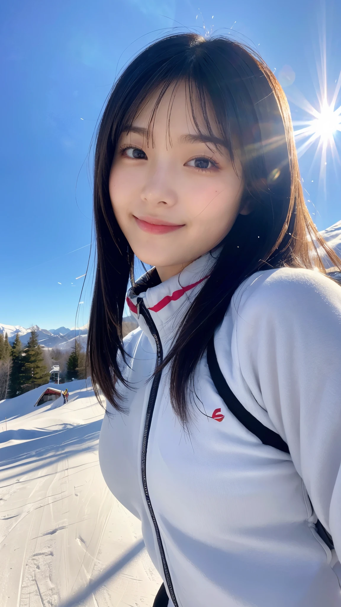 (highest quality,masterpiece:1.3,ultra high resolution),(Super detailed,caustics,16k),(photorealistic:1.4,RAW shooting),ultra-realistic capture,close-up of human skin,natural skin texture,Pores are detailed enough to be easily identified,Healthy skin and even tone,Use natural light and color,18-year-old,Japanese,cute,ski wear,black long hair,Smiling and looking at the camera,big breasts,shot from the waist up,(face focus:1.2),(Face close-up:1.2),(low position:1.3),(Low - Angle:1.3),Ski resort,sun,Lens flare,blue sky,