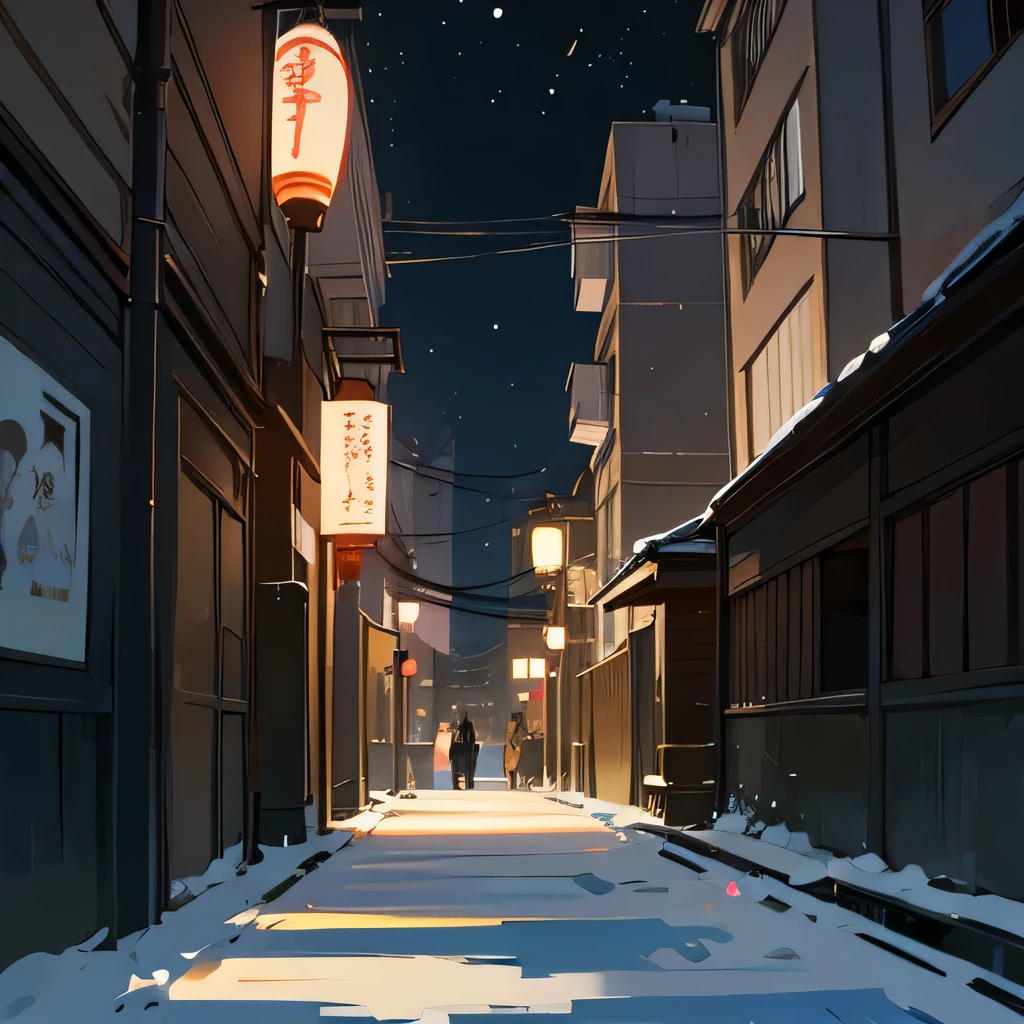 one point perspective, sketch, alley, japan style、 snow、night、Skyscraper、intersection、large crowd of people、You can feel the feel of the brush、Studio Ghibli、Ghibli、