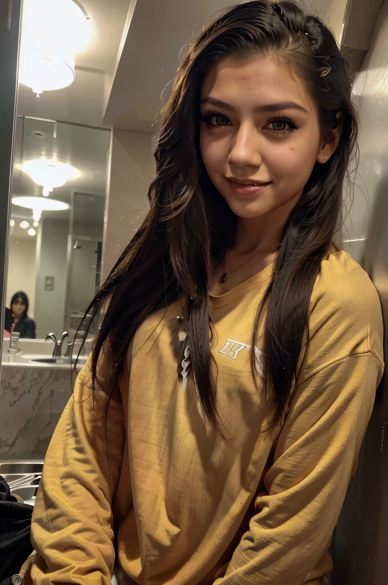 British lady with long black hair sitting on bed wearing yellow green pajamas, selfie