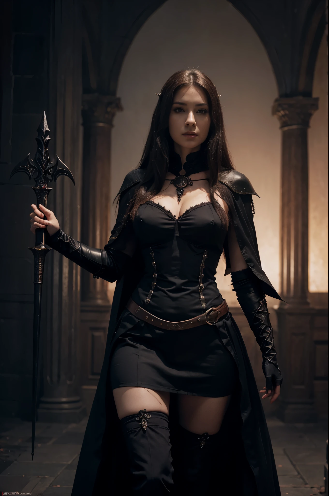 arafed plump woman in a short black dress with short brown hair with a sword and a red cape, dark fantasy style art, by Arthur Pan, by Yang J, abaddon and magali villeneuve, dark fantasy art, dark sorceress full view, diablo digital concept art, gothic fantasy art, 4k fantasy art, beautiful elegant demon queen, dark fantasy artwork, view hairy cunt