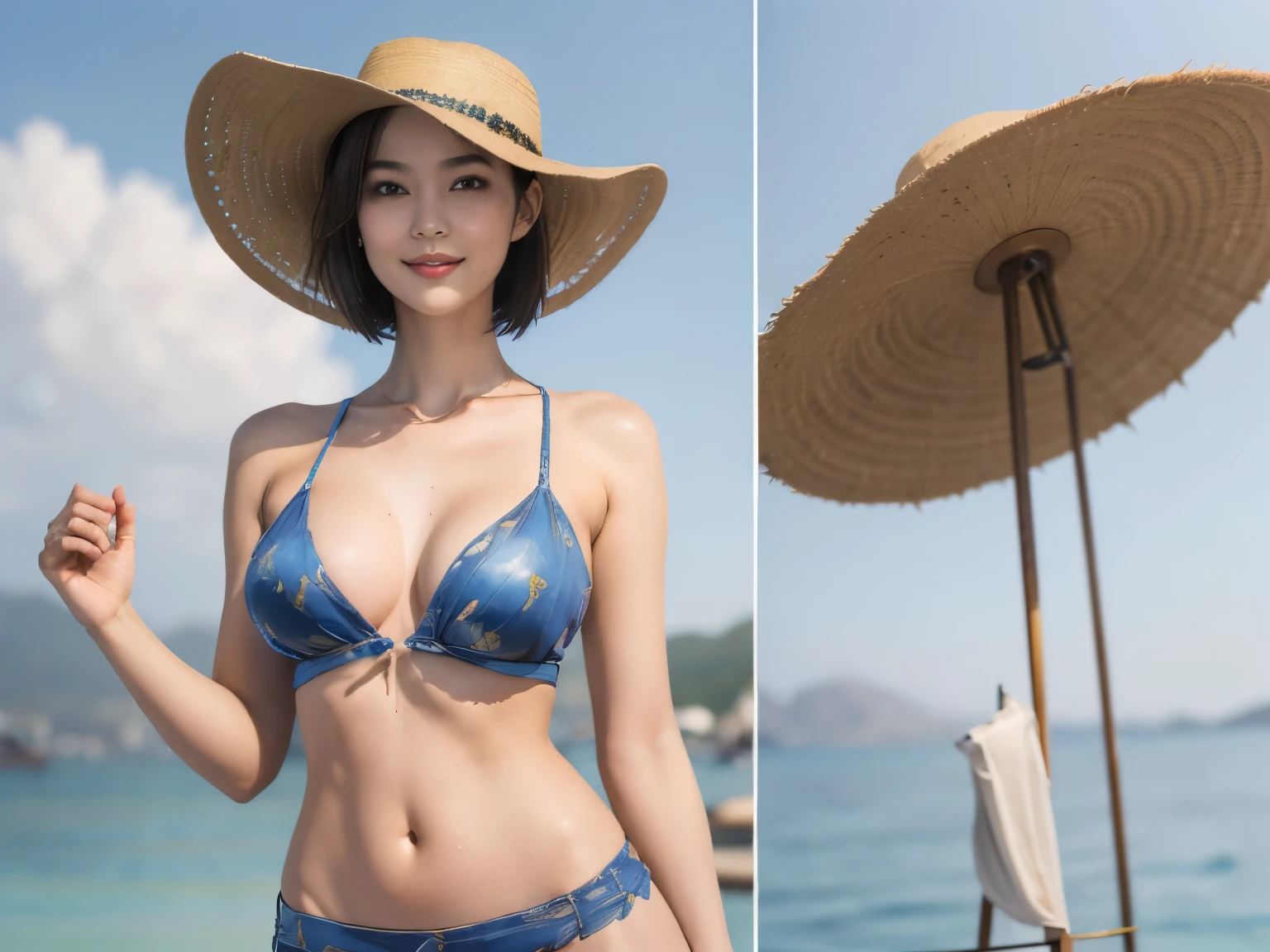 160
(Shorthair:1.46), (a 20 yo woman, standing), (A hyper-realistic), (Masterpiece), (8KUHD), (gentle smile), Slender waist, (フラクタルデザイン splash painting), (breasts:1.23), (口紅), panama hat
