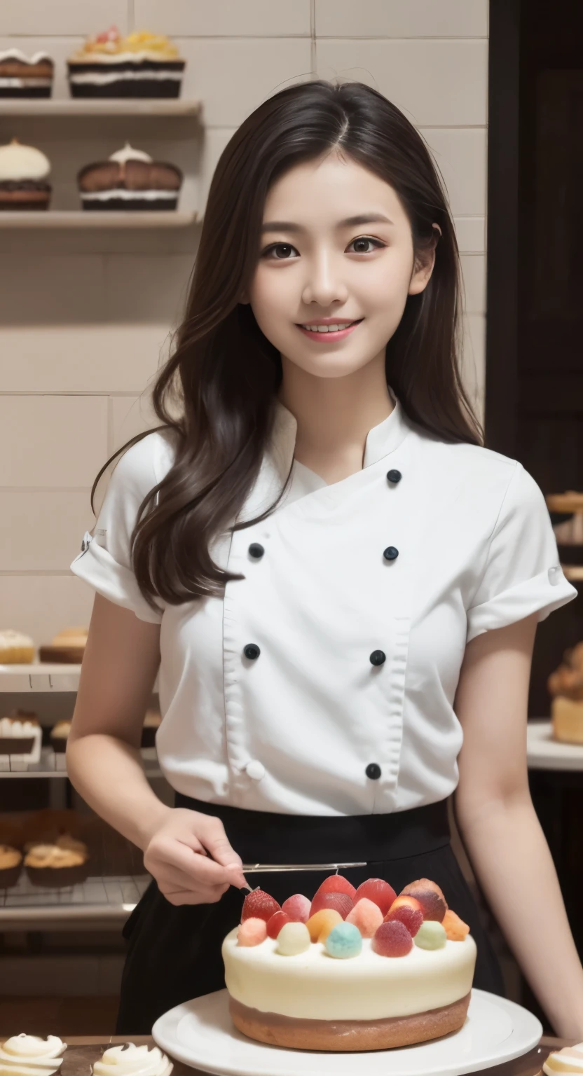 (highest quality、masterpiece:1.2)、highest quality、realistic、photograph、High resolution、1080P、8K、rough skin、physical rendering、1 Japanese women、high school student、cute、young face、curled hair、(patissier:1.5)、Cake shop、full of embarrassment、smile、big
