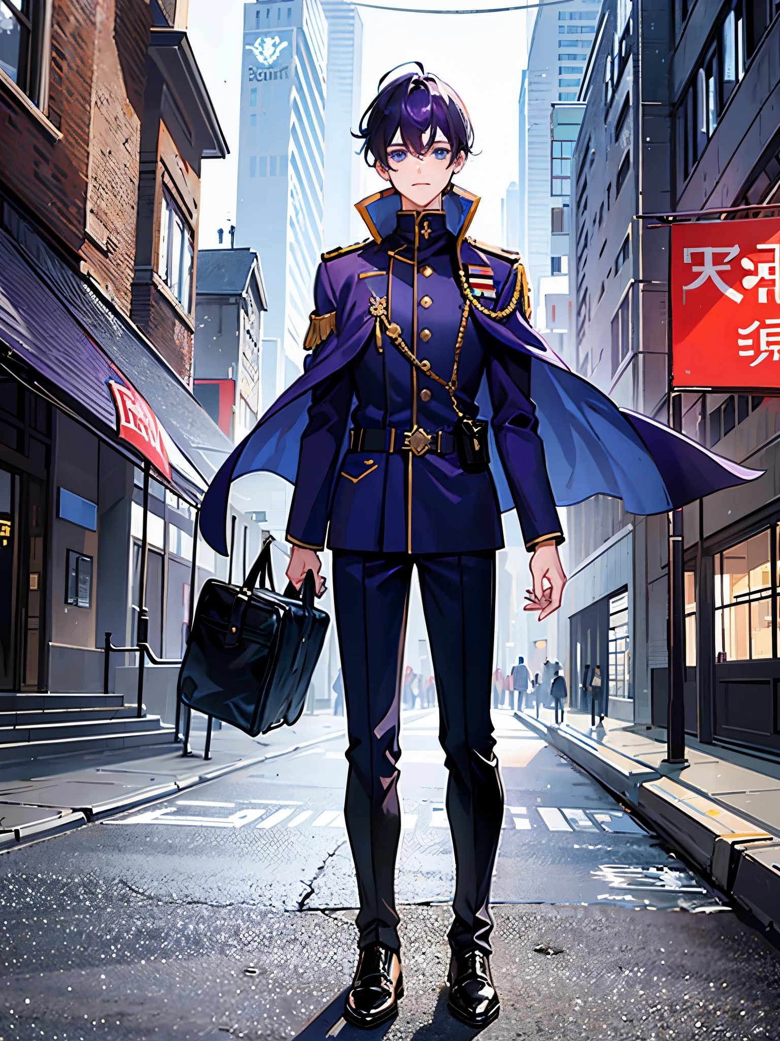 ((a boy)), purple hair, blue eyes, long boots, ((Beautiful boy)), military jacket, ((individual)), ((boys' school uniforms))