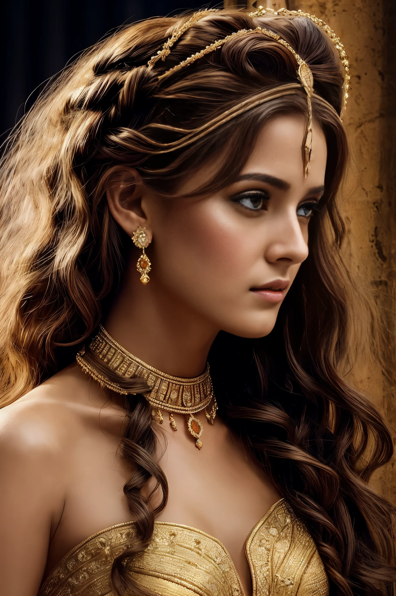 The image should depict Helen of Troy, extremely gorgeous, matchless beauty, pierced eyes, a legendary figure whose beauty ignited the Trojan War. It should highlight her seductive beauty, the Trojan cityscape, her divine origins, her divine presence, the contrasting forces drawn to her, and her emotional depth. The image should convey the complexity and turmoil surrounding her existence, highlighting her divine origins, divine origins, and the weight of responsibility and sorrow she carried.