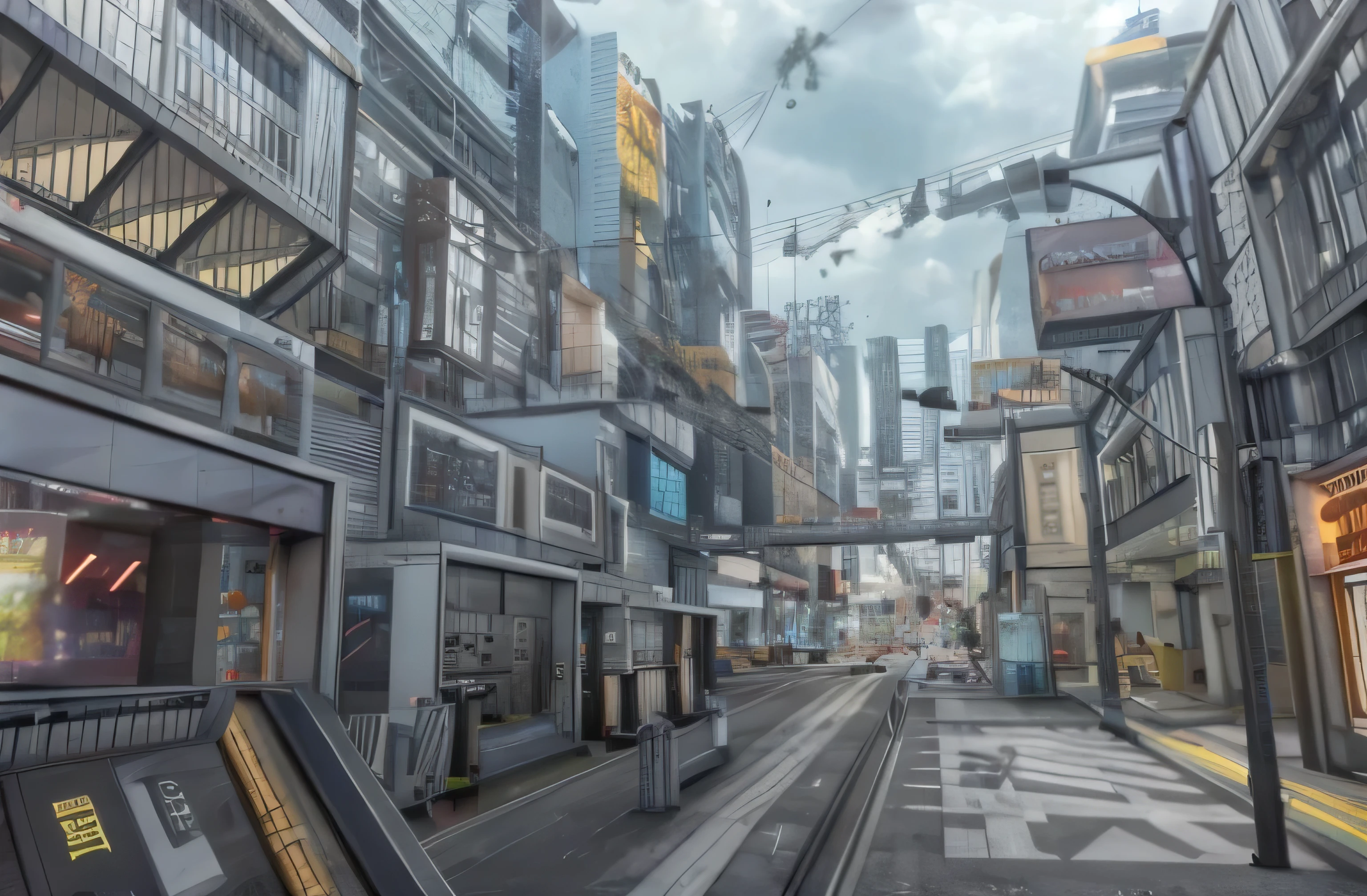 Pictures of city streets，A train passes through it, Anime city line drawing, concept art, 城市concept art,Intricate cyberpunk city, future city streets, Very detailed, Anime style cityscape, metropolitan background