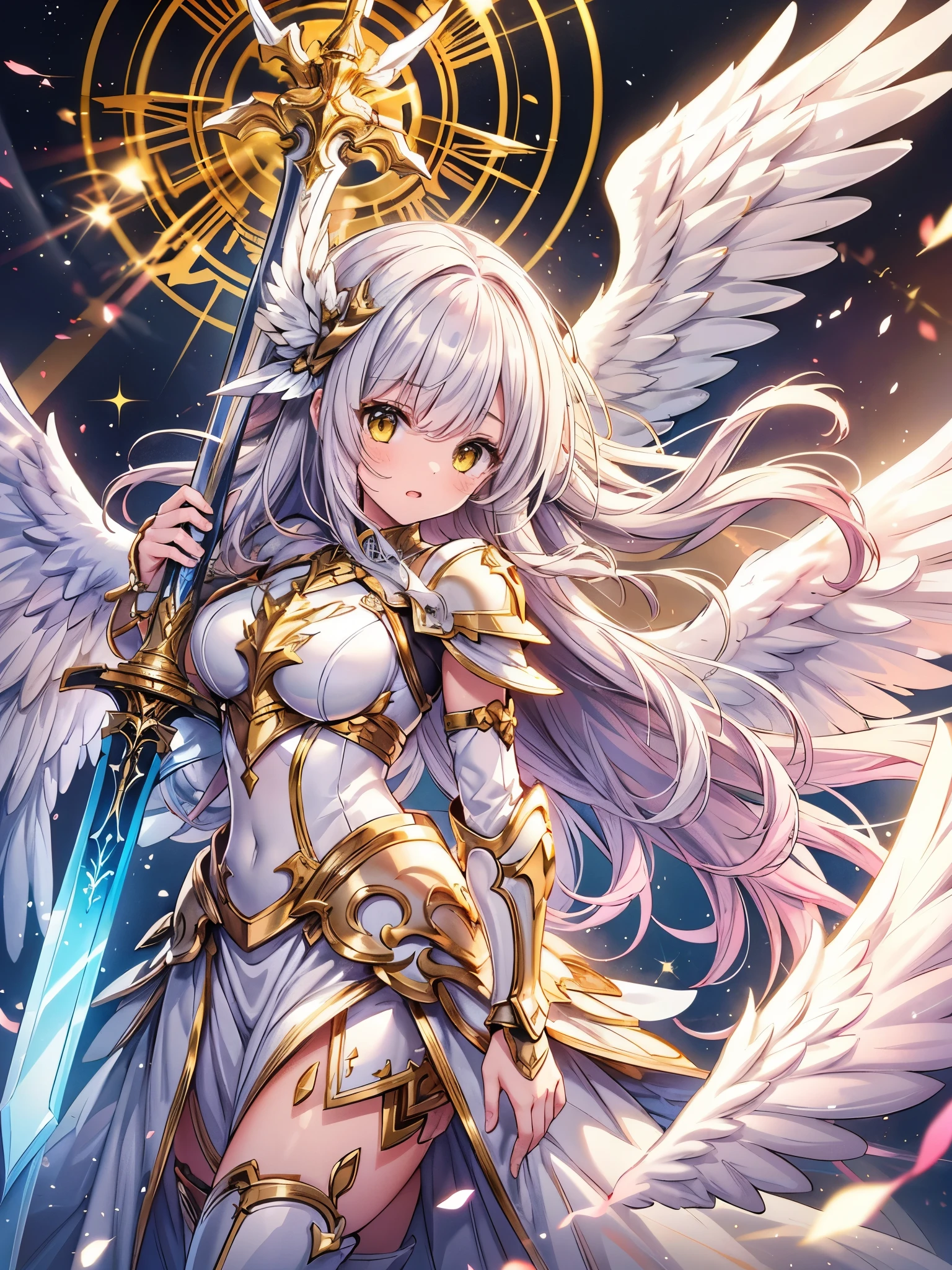 (masterpiece), best quality, 1girl, Valkyrie, angel knight in withe dress and sliver armor, shiny armor, High-gloss armor, reflective metal armor, holding sword, (long_sword), pink long curly hair, yellow eyes, wings, white outfit, perfect lighting