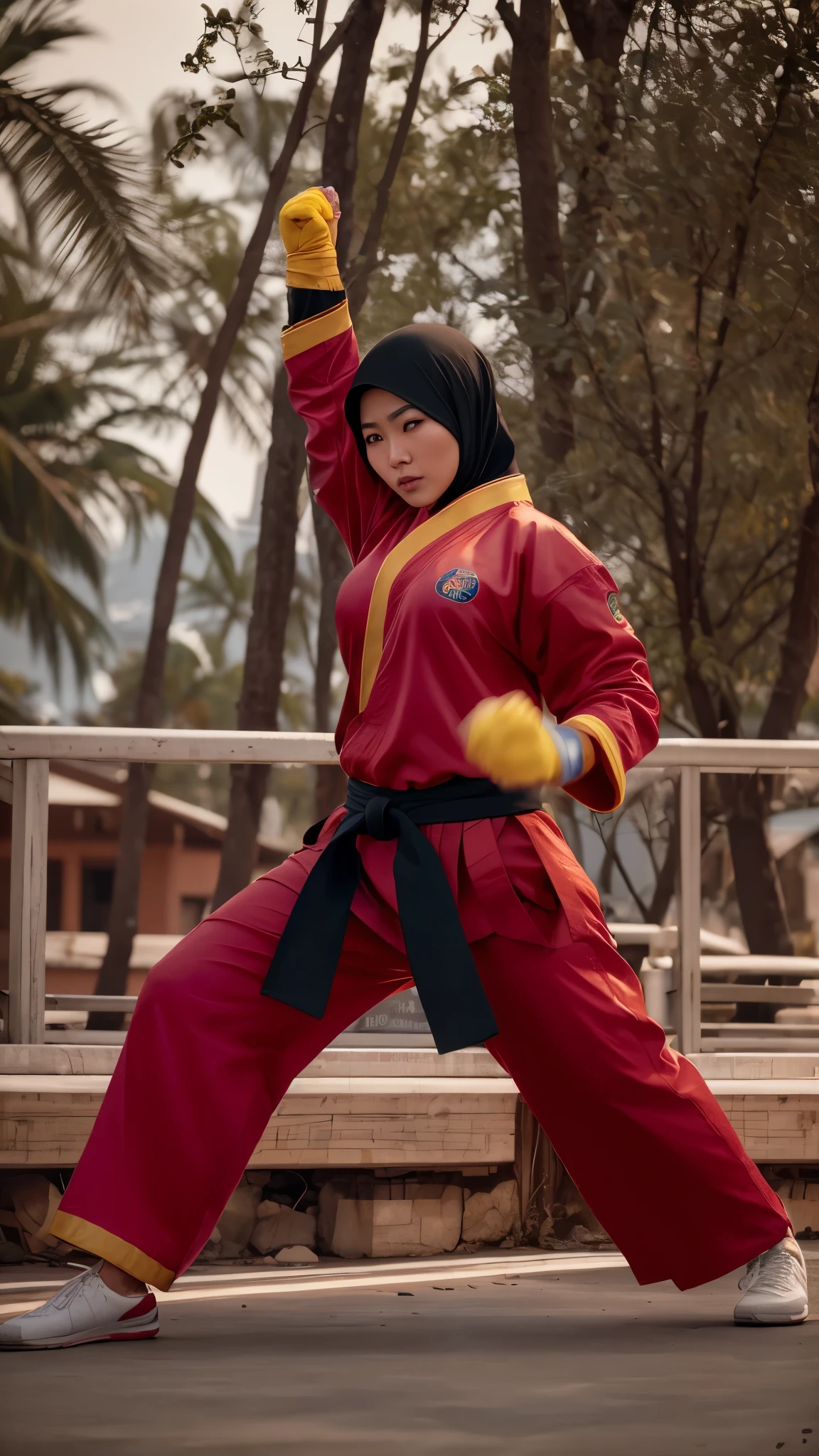 beautiful mature asian college girl, karate outfit, hijab, gloves, hands clenched, ((detailed finger)), photorealistic, photo, masterpiece, realistic, realism, photorealism, high contrast, photorealistic digital art trending on Artstation 8k HD high definition detailed realistic, detailed, skin texture, hyper detailed, realistic skin texture, armature, best quality, ultra high res, (photorealistic:1.4),, high resolution, detailed, raw photo, sharp re, by lee jeffries nikon d850 film stock photograph 4 kodak portra 400 camera f1.6 lens rich colors hyper realistic lifelike texture dramatic lighting unrealengine trending on artstation cinestill 800,