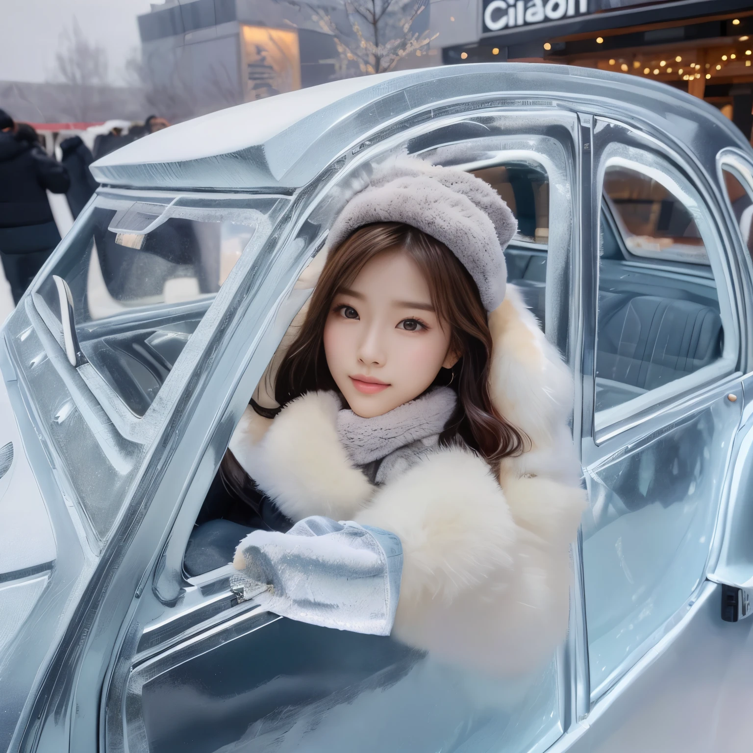 Woman sitting in car, thick fur coat, korean female fashion model, Bae Suzy, park from me, sun yunjoo, crystal, from me, Sky blue thick fur robes, Shin Jin Young, Lee Ji Eun, Lee Ji Eun, whole body shangxia, cold, works of art