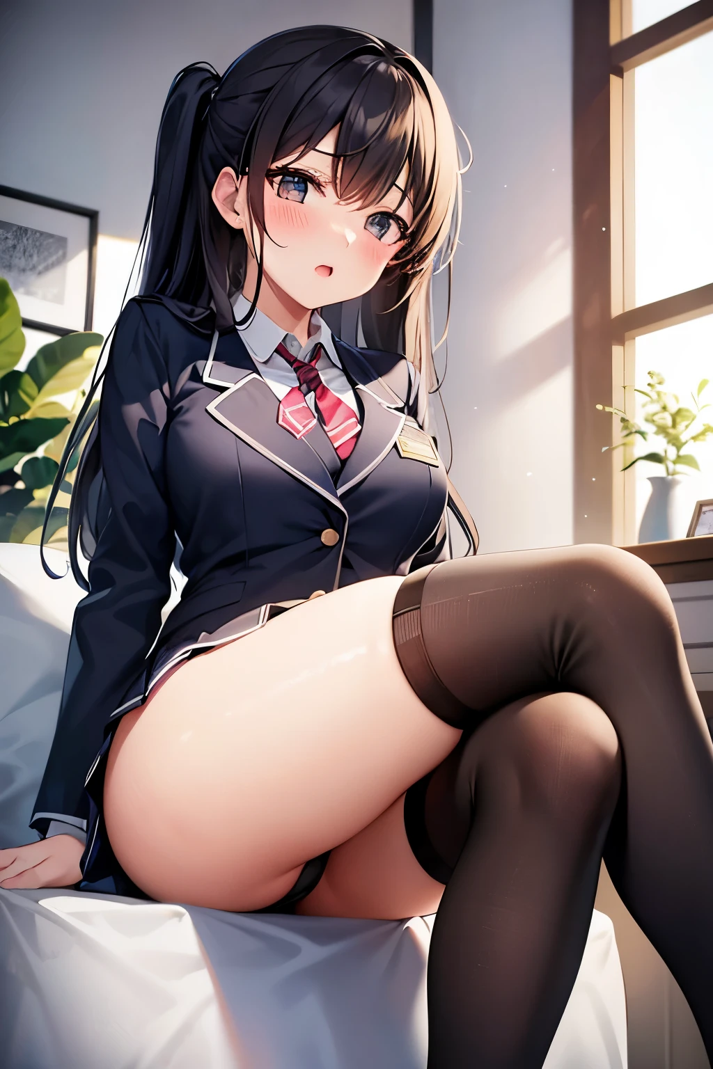 crossed legs thigh-high socks school uniform blush open mouth