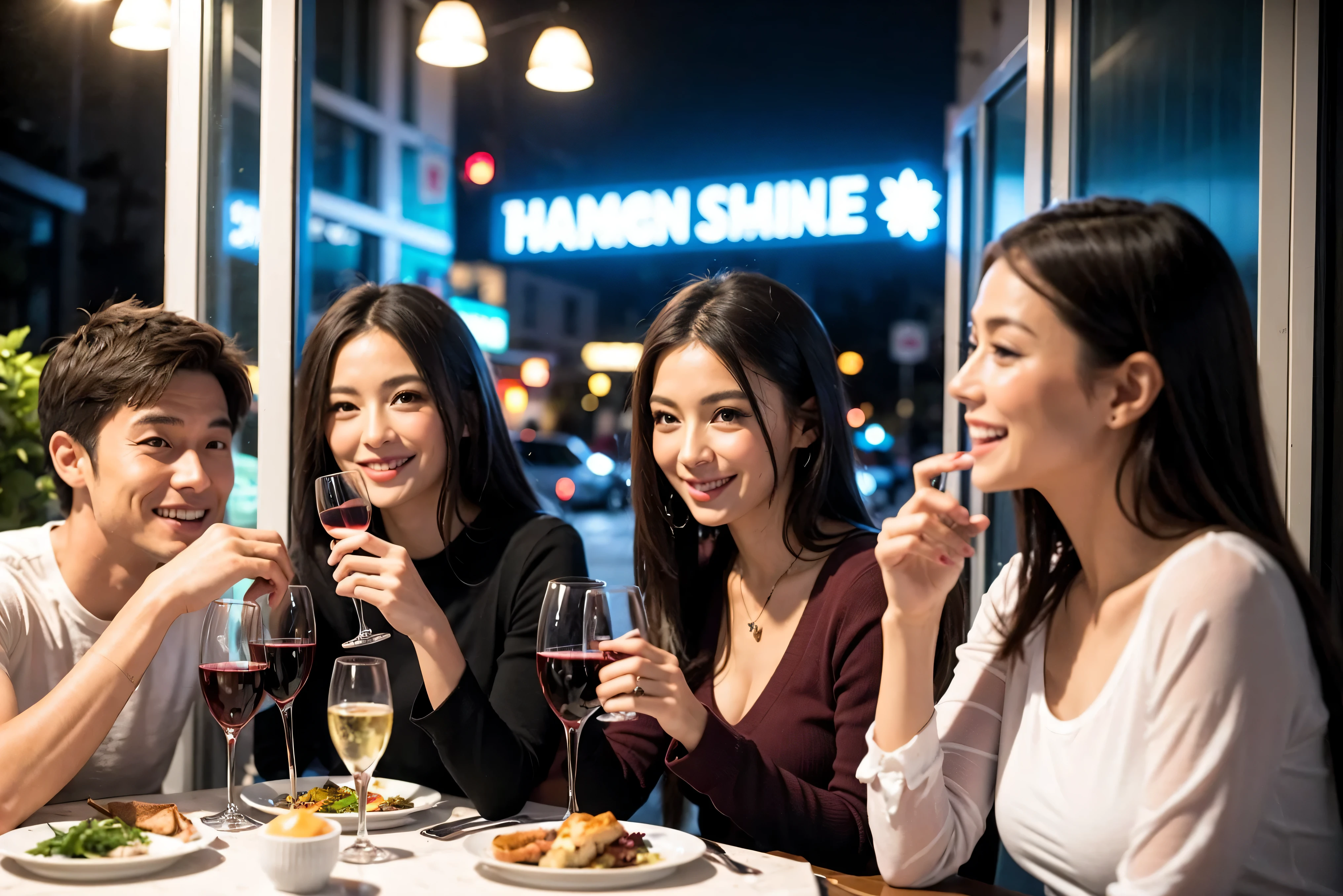 64k, UHD, highest quality, masterpiece: 1.2), (realistic, photorealistic: 1.37), Super detailed, celebration party、beauty、Charm、beautiful mature woman、3 women who love wine、three men、champagne、sparkling wine、winter night、restaurantでワイン宴会、(slimな男女4名),(Wine party for 5 people)、(slimフェイス),Happy、 最高なsmile、Fox Face、Kobe、Yokohama、Berry Short、(because I&#39;thin), (brown hair), (shortcut), long sleeve shirt、winter fashion、Colombia、Brazilian、Japanese、Dutch、German、Portuguese、Belgian、Italian、french, (gushing), (slimボティ), (brown hair), (shortcut), 端正なbeauty、cheeks blush a little, (41 years old), 38 years old, 35 years old、32 years old、 A beautiful and detailed night view spreads out outside the window........, restaurant, wine glassが座っている, At night, in a prominent place (from the Upper body) nova frog style, actress, model, Upper body, White wine, slim, wine glass, Very beautiful night view, wine glass Put in the Middle, Happy smile, (smile: 1.15), 