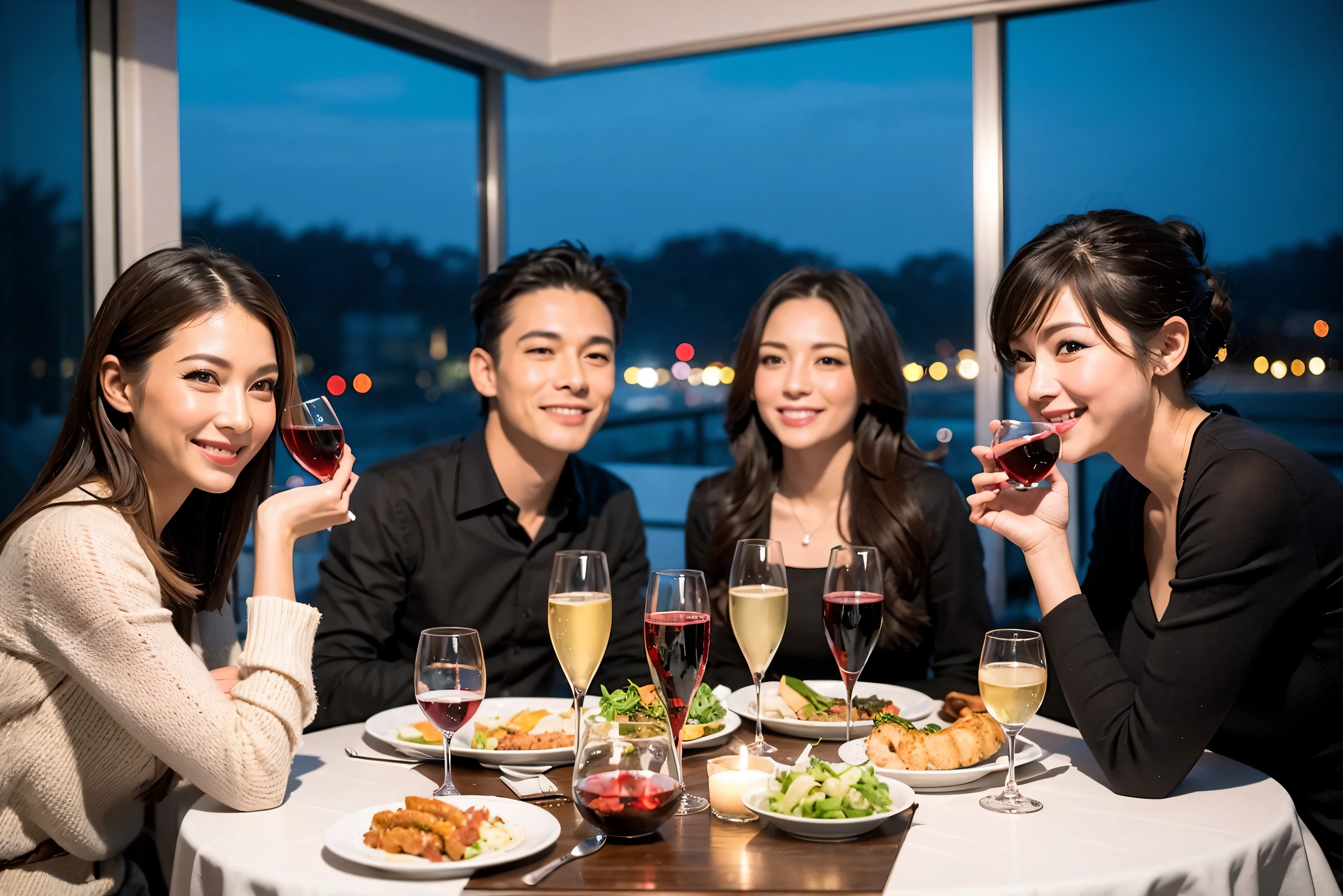 64k, UHD, highest quality, masterpiece: 1.2), (realistic, photorealistic: 1.37), Super detailed, celebration party、beauty、Charm、beautiful mature woman、3 women who love wine、three men、champagne、sparkling wine、winter night、restaurantでワイン宴会、(slimな男女4名),(Wine party for 5 people)、(slimフェイス),Happy、 最高なsmile、Fox Face、Kobe、Yokohama、Berry Short、(because I&#39;thin), (brown hair), (shortcut), long sleeve shirt、winter fashion、Colombia、Brazilian、Japanese、Dutch、German、Portuguese、Belgian、Italian、french, (gushing), (slimボティ), (brown hair), (shortcut), 端正なbeauty、cheeks blush a little, (41 years old), 38 years old, 35 years old、32 years old、 A beautiful and detailed night view spreads out outside the window........, restaurant, wine glassが座っている, At night, in a prominent place (from the Upper body) nova frog style, actress, model, Upper body, White wine, slim, wine glass, Very beautiful night view, wine glass Put in the Middle, Happy smile, (smile: 1.15), 