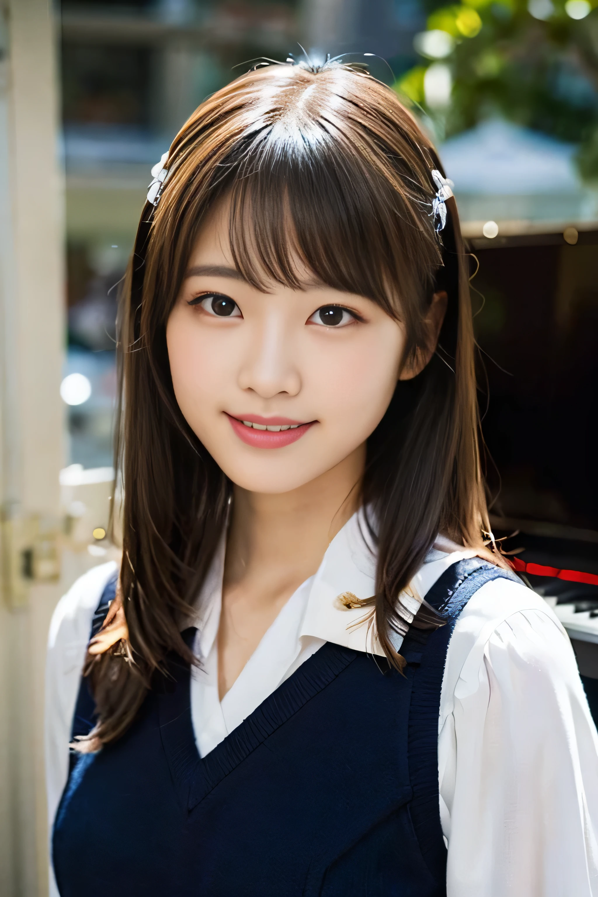 (8K、RAW photo、highest quality、masterpiece:1.2)、(realistic、Photoreal:1.37)、Super detailed、ultra high resolution、1 girl、see the beholder、beautiful and detailed face、laughter、narrow、(slim waist) :1.3)、beautiful and smooth skin、skin texture、floating hair、professional lighting、as a whole human body、Japanese high school uniform、sailor suit、twin hairstyles、twin tails、E cup、smile、16 years old、red ribbon、baby face、Piano Concert