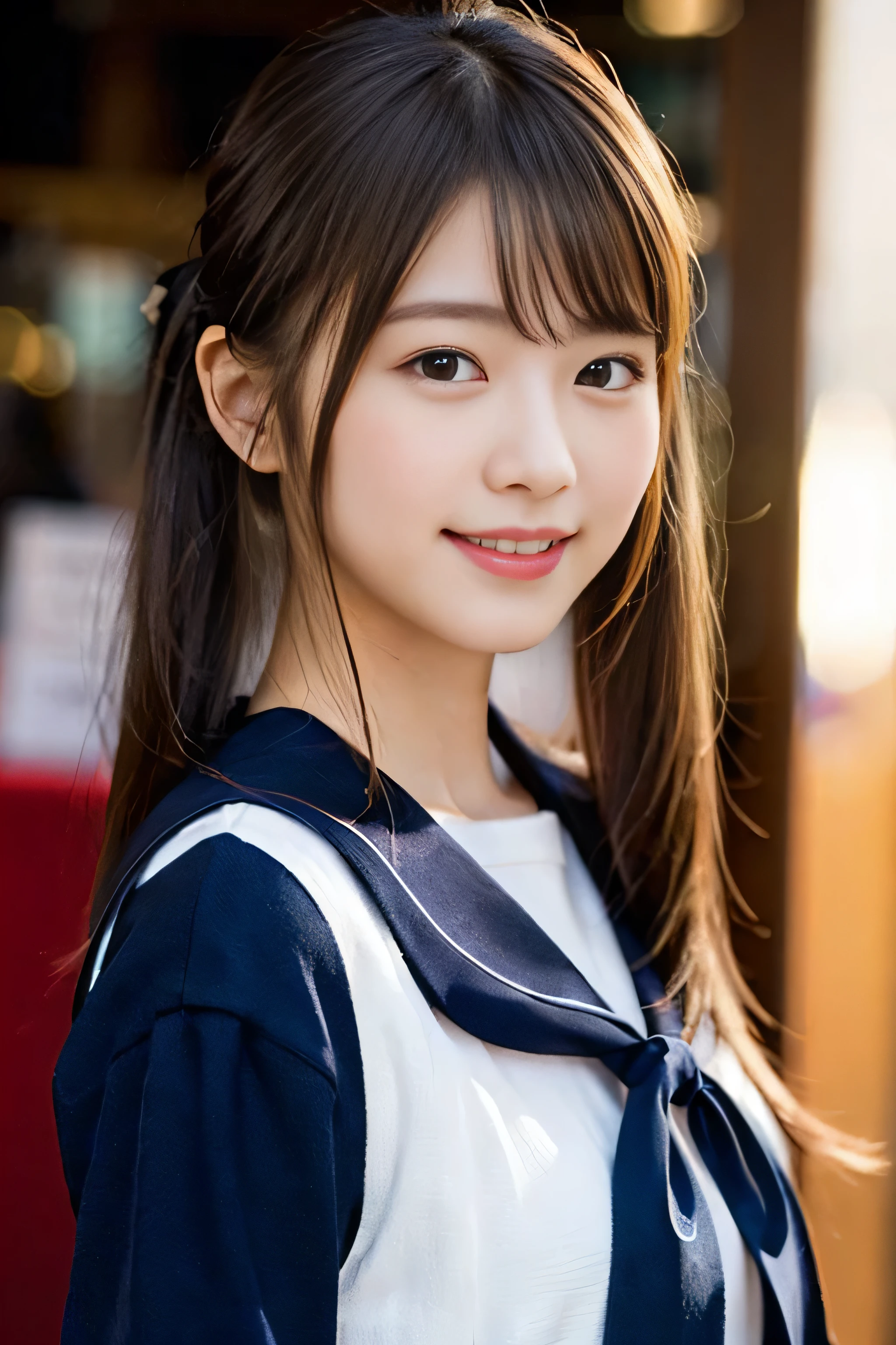(8K、RAW photo、highest quality、masterpiece:1.2)、(realistic、Photoreal:1.37)、Super detailed、ultra high resolution、1 girl、see the beholder、beautiful and detailed face、laughter、narrow、(slim waist) :1.3)、beautiful and smooth skin、skin texture、floating hair、professional lighting、as a whole human body、Japanese high school uniform、sailor suit、twin hairstyles、twin tails、E cup、smile、16 years old、red ribbon、baby face、Piano Concert