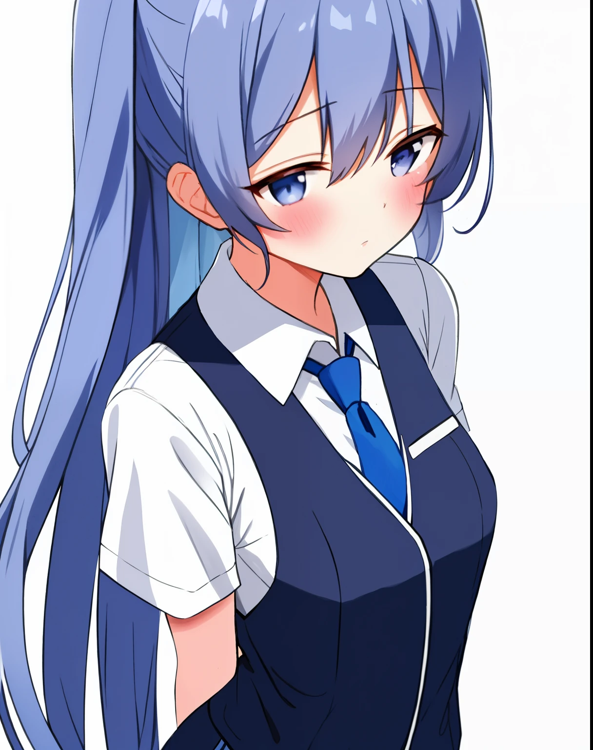 Uniforms, collar, necktie, tie, moving blue、white and gray, White background,, blush