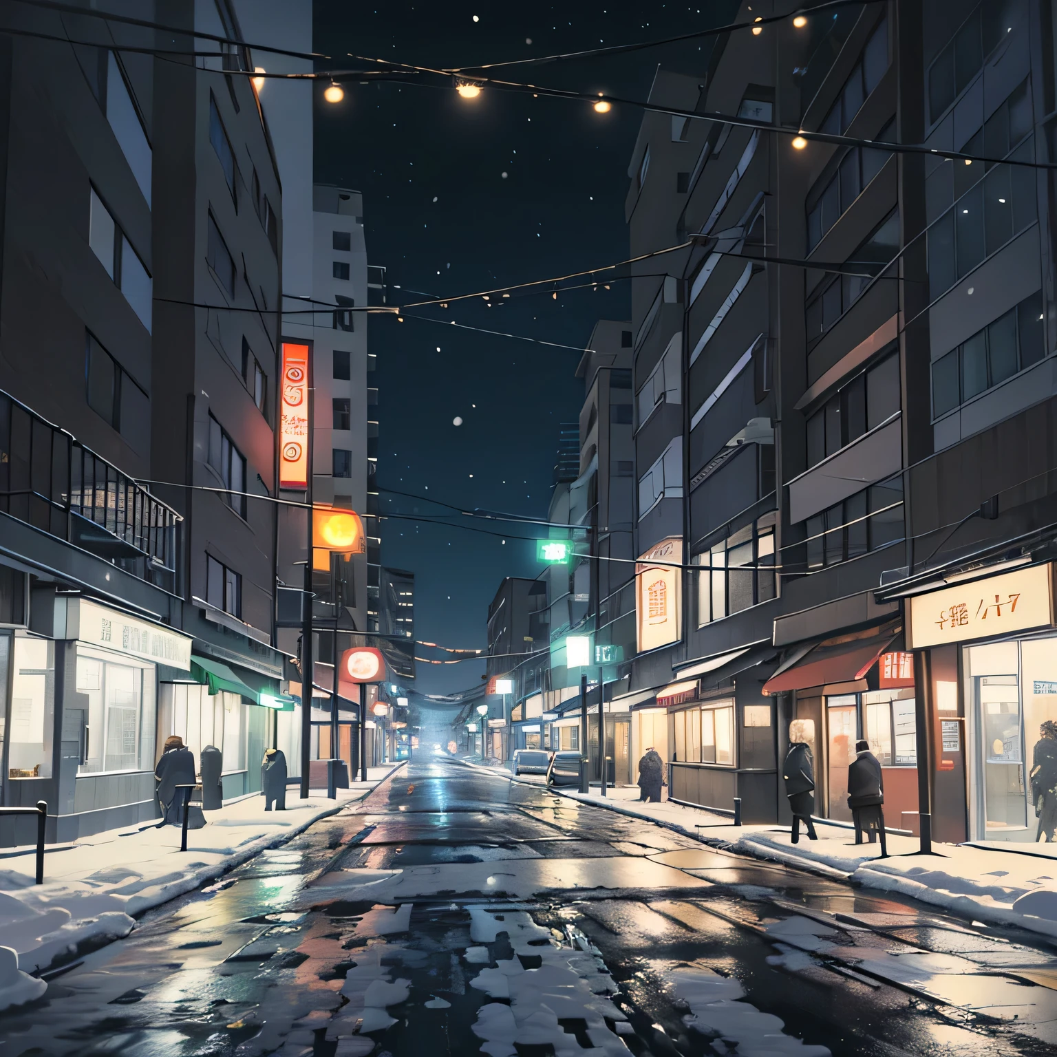 Urban background, building, street, traffic light、snow、night