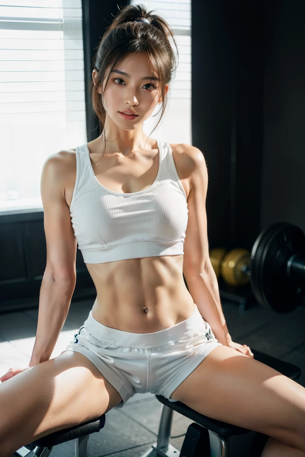 Close-up of a woman wearing a white top and white shorts, at the gym, Sexy hot body, fit girl, fitness model, sporty physique, workout, sexy body, sports bra and shorts, sports bra and shirt, gorgeous model, sexy body and face,  perfect body, japanese goddess, attractive body, japanese model, barefoot, detailed face