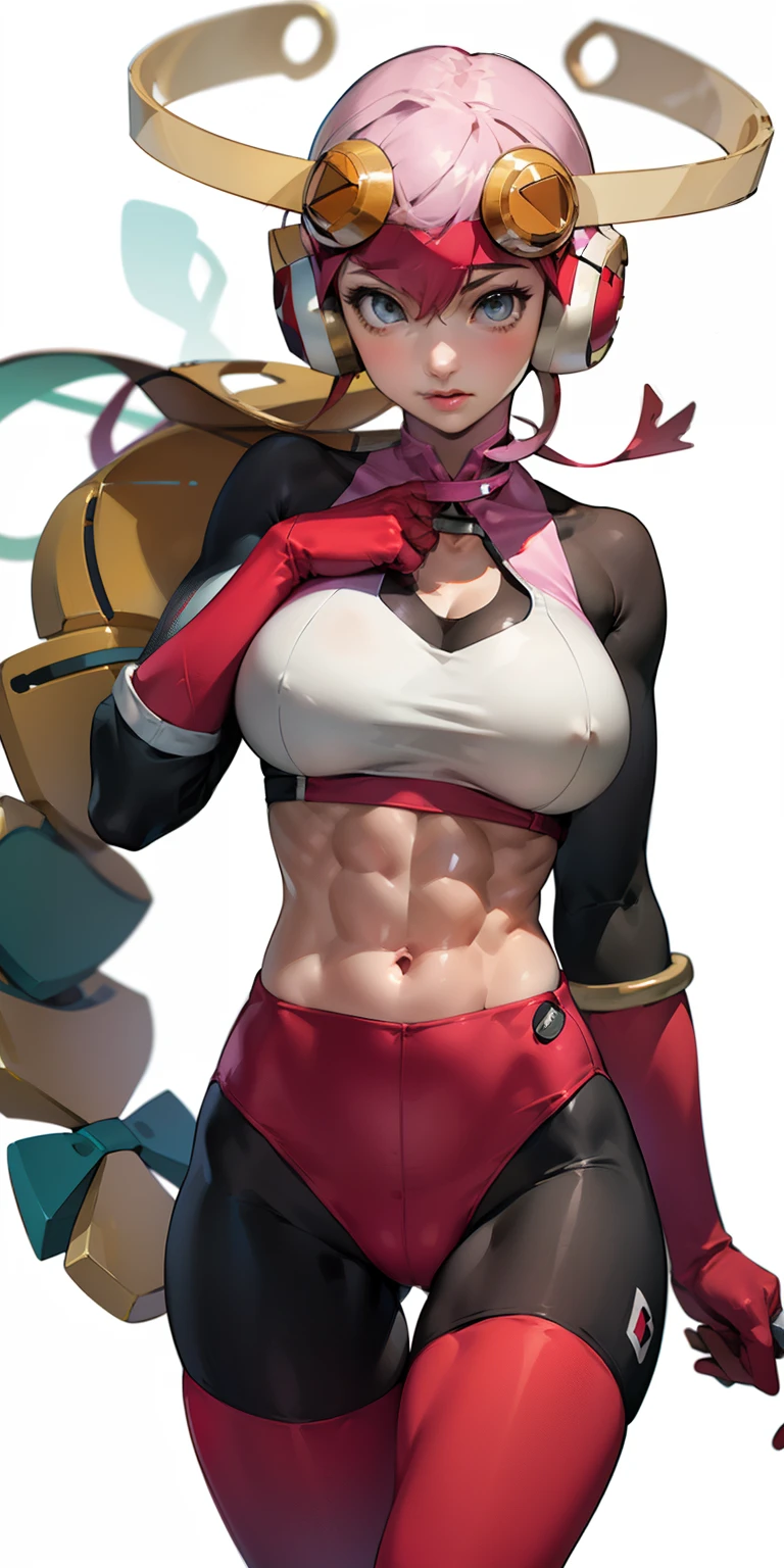 (Soejima Shigenori), masterpiece, best quality,1girl, adult roll.exe, (large breasts), mmrollexe, (slim waist), (slendered abs:1.4), long hAIR,ribbon on hair,bodysuit, pantyhose, helmet, Female, standing, straight, looking at viewer, with a collar around the neck, gloves