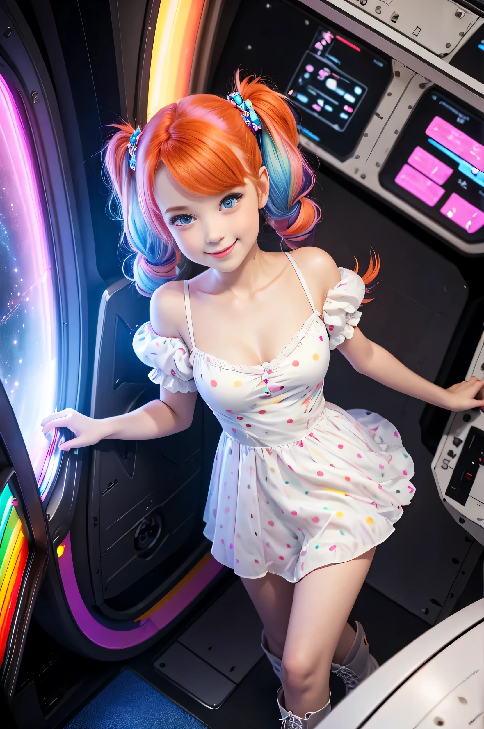 (overhead view) Cute redhead with rainbow colored hair tips, ribbons in her hair, 18-year-old woman, happy, smiling, in twin tails, perfect eyes, clear sparkling blue eyes, pale skin, silky smooth white skin, alabaster skin, flying a fancy metal luxurious space ship, futuristic cockpit, she's a pilot, outer space seen in windows, dark warm lighting, wearing a futuristic party dress, low cut top, pleated (chemise) mini dress (pastel rainbow colors, and polka dots), puffy sleeves, silk, pantyhose, cute short cut booties, boots.