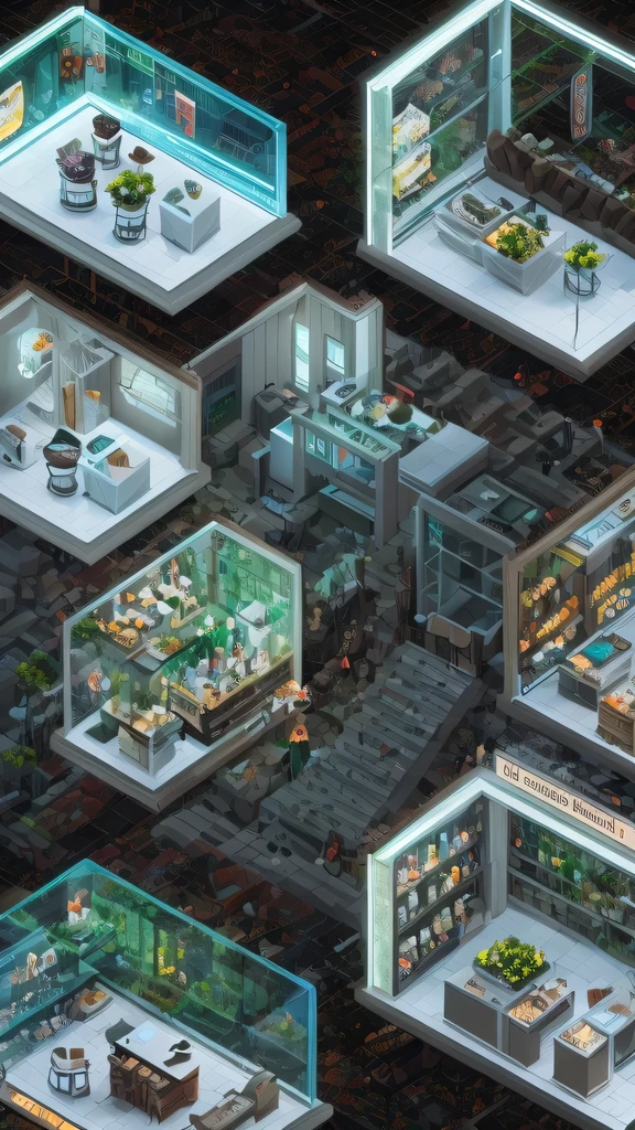 3026 Cyberpunk, Norin Keyes, isometic render,cafes, bar, coffee shop, spiral staircase, Isometric display case, Nolin teardown, Transparent data visualization infographic, High-resolution OLED GUI interface display, high contrast, micro details, octane rendering, photorealism, lifelike