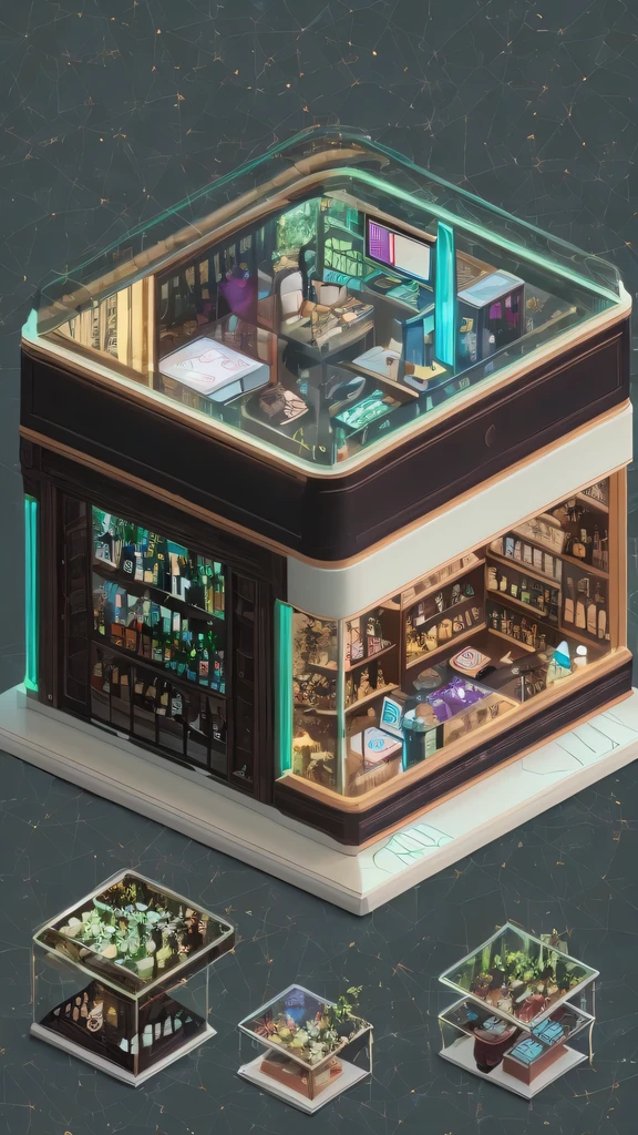 3026 Cyberpunk, Norin Keyes, isometic render,cafes, bar, coffee shop, spiral staircase, Isometric display case, Nolin teardown, Transparent data visualization infographic, High-resolution OLED GUI interface display, high contrast, micro details, octane rendering, photorealism, lifelike