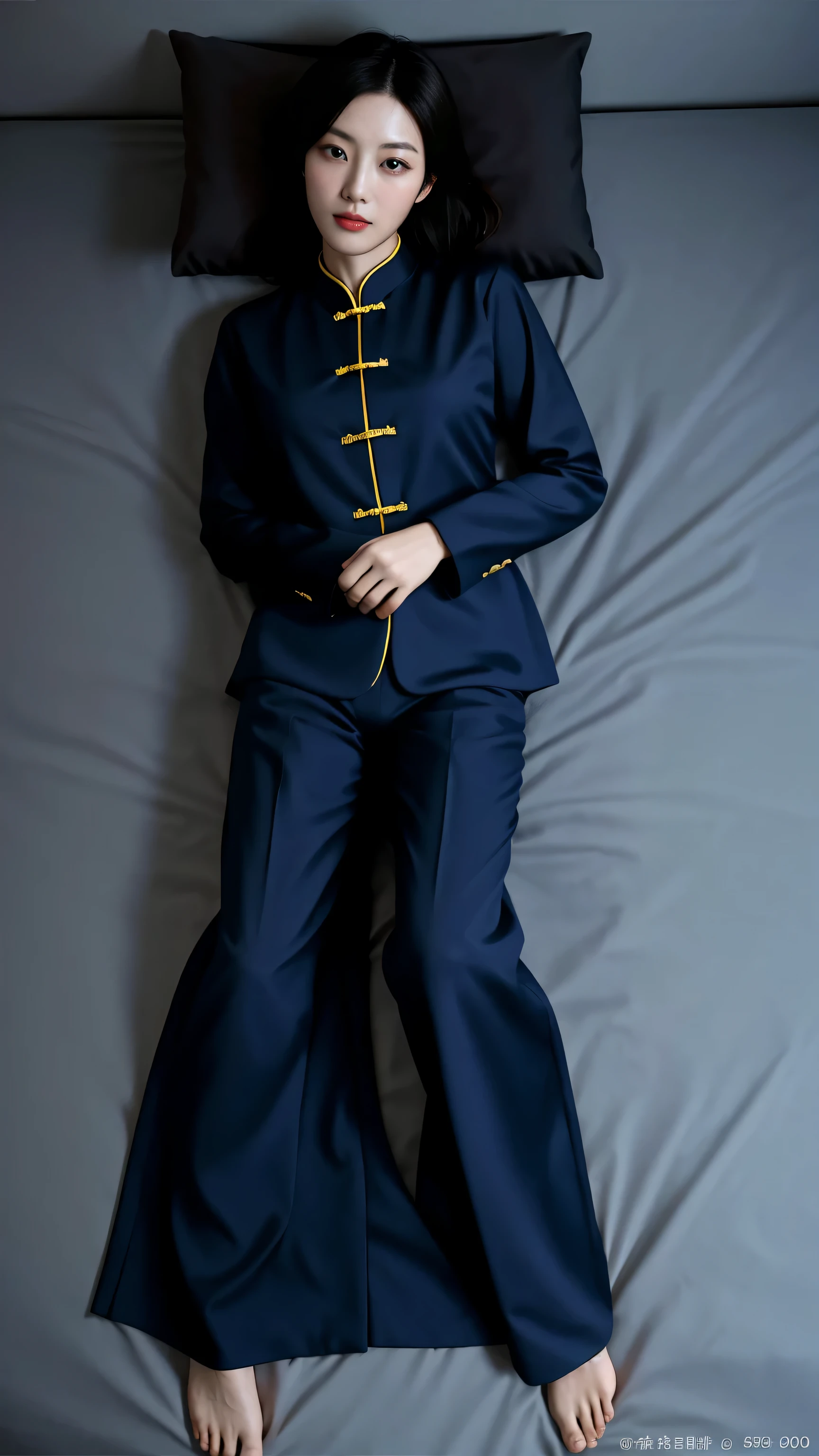 top view,Chinese beautiful woman(31 years old),Model,Wear a Tang costume,Black,Black连体袜,Black凉鞋,full-body shot,laying on a hotel bed