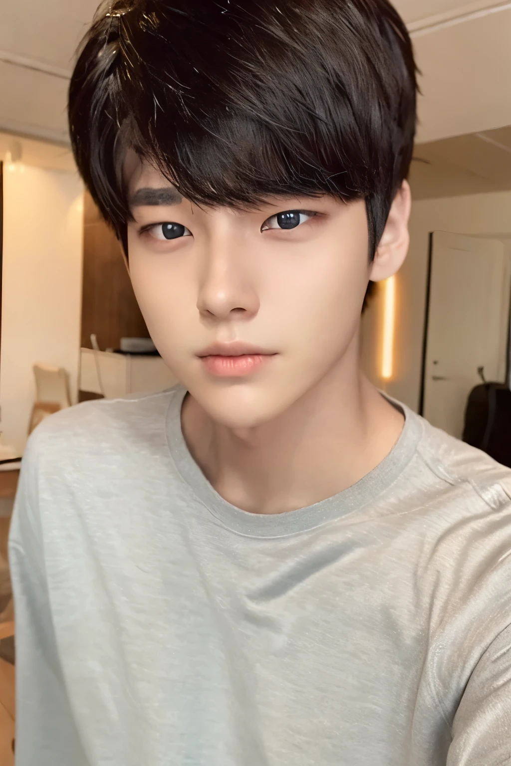 handsome ulzzang male, thin face, blue eyes, brown hair, tantalizing eyes, wearing a black shirt, handsome asian