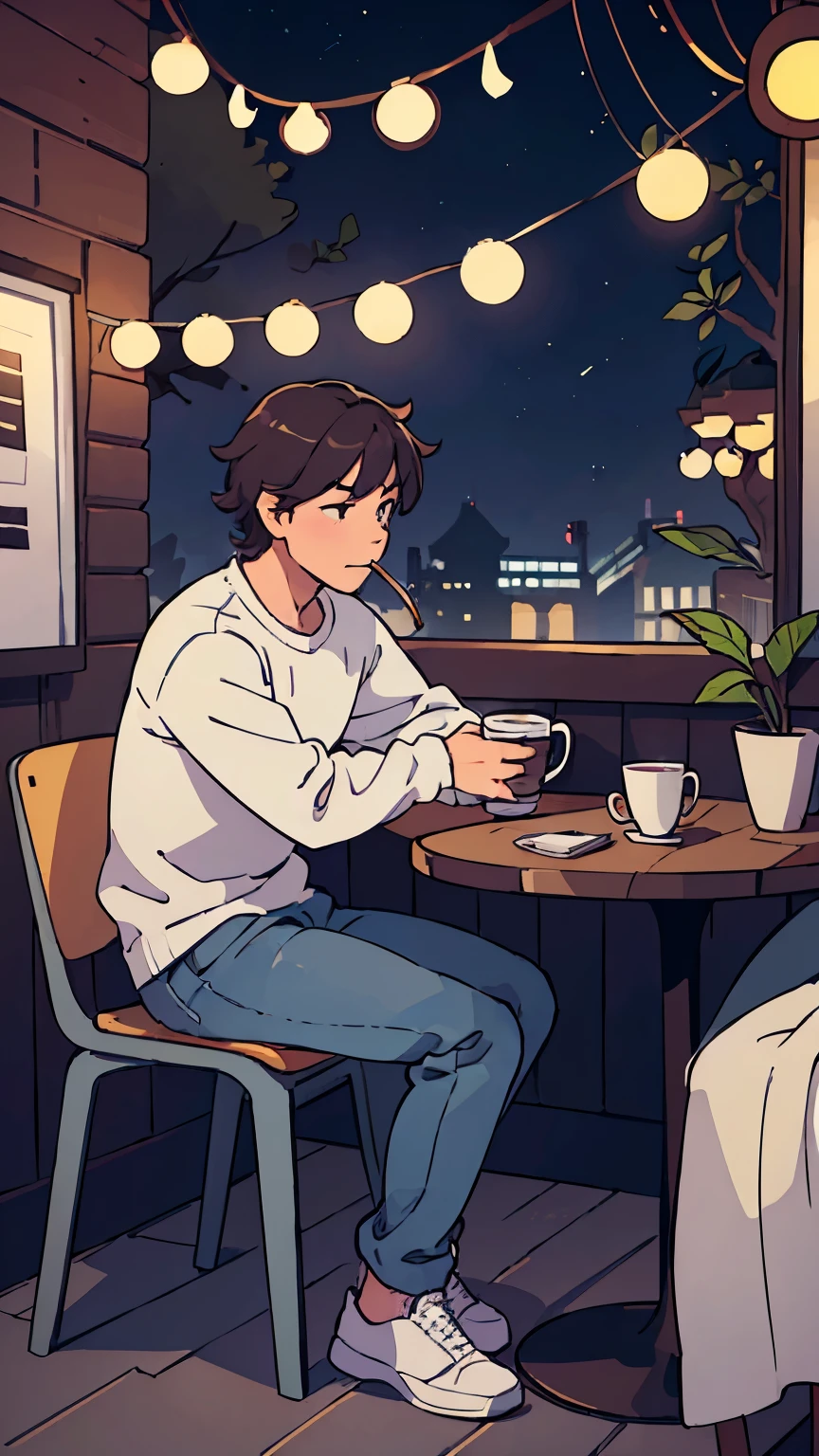 Create an image of a man sitting and drinking coffee at 2 a.m.