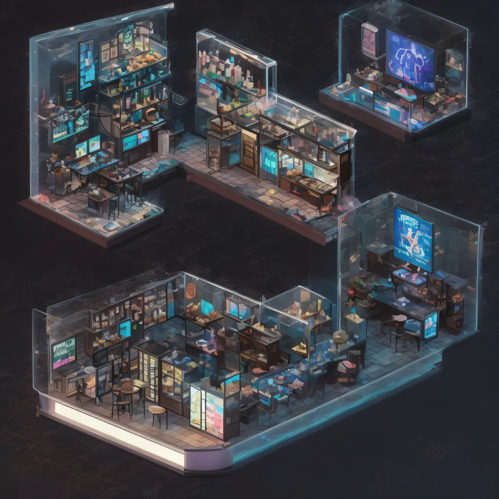 3026 Cyberpunk, Norin Keyes, isometic render,cafes, bar, coffee shop, spiral staircase, Isometric display case, Nolin teardown, Transparent data visualization infographic, High-resolution OLED GUI interface display, high contrast, micro details, octane rendering, photorealism, lifelike