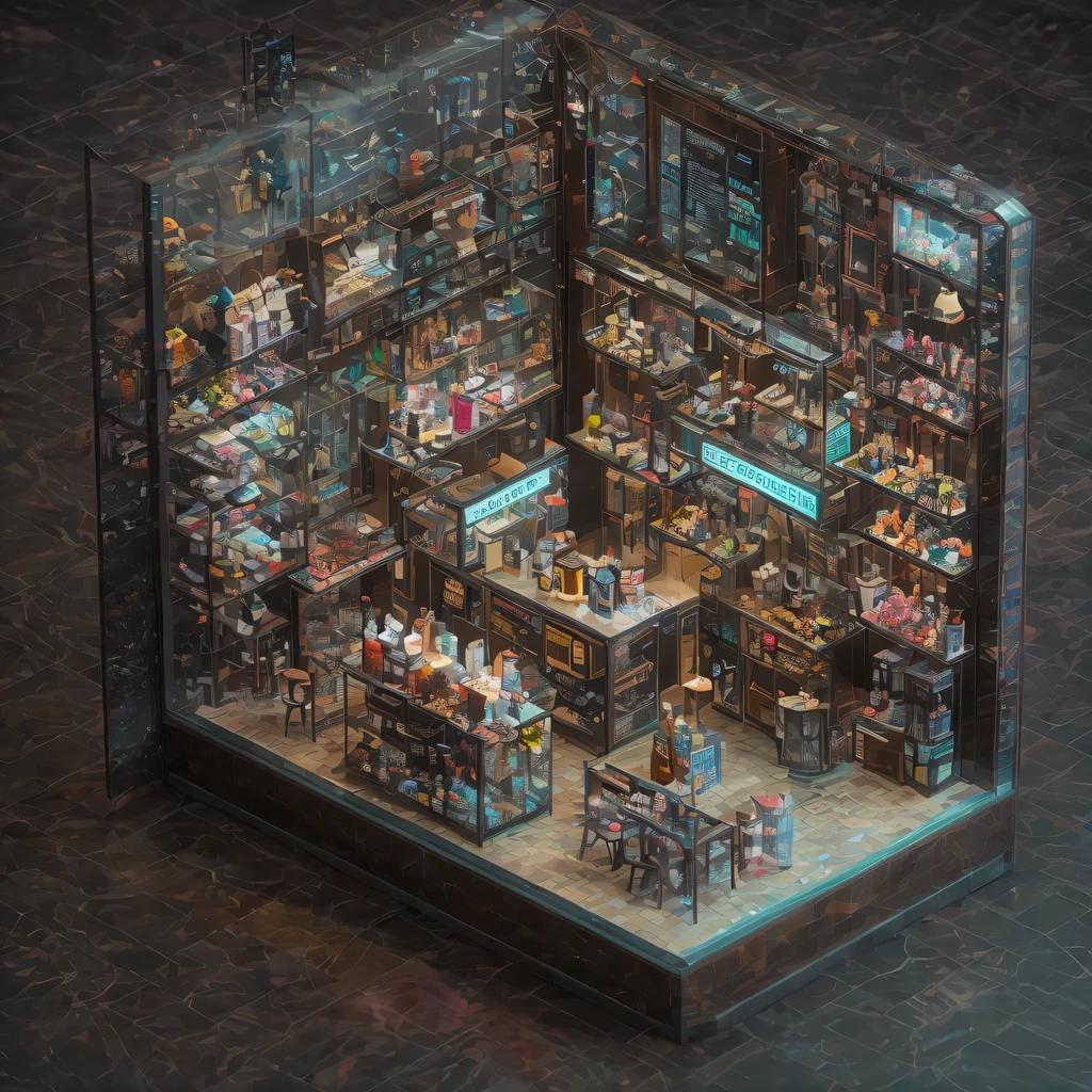 3026 Cyberpunk, Norin Keyes, isometic render,cafes, bar, coffee shop, spiral staircase, Isometric display case, Nolin teardown, Transparent data visualization infographic, High-resolution OLED GUI interface display, high contrast, micro details, octane rendering, photorealism, lifelike