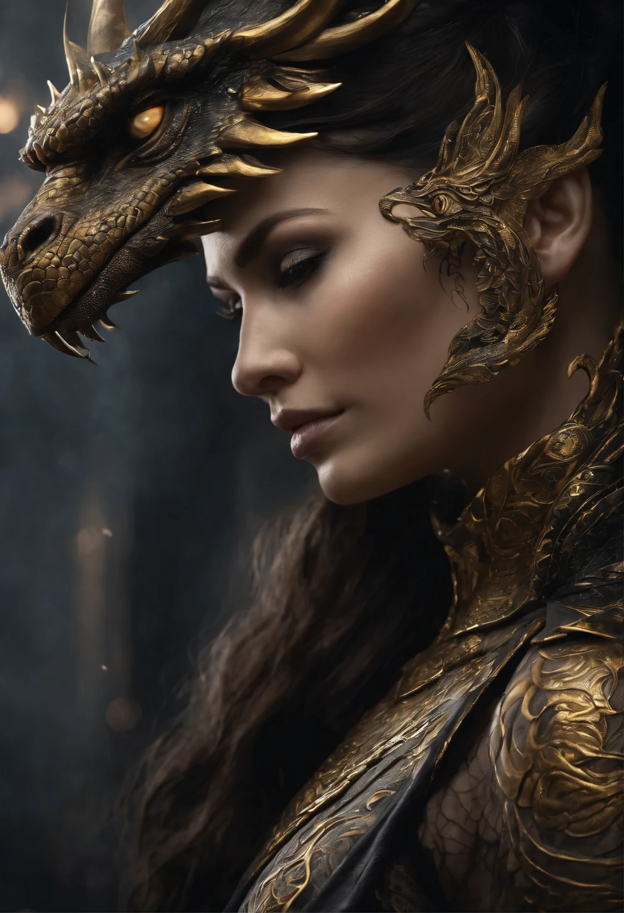 An image of a woman in profile with brunette hair tinged with dark grey highlights. A detailed realism picture, majestic dragon tattoo in gold and black wraps around her body, with scales that shimmer with realism and lightning patterns that evoke a sense of ancient magic. The dragon's expression is fierce, with a snarl that suggests power and mystique. The background should be dark to contrast and emphasize the tattoo's intricate details.