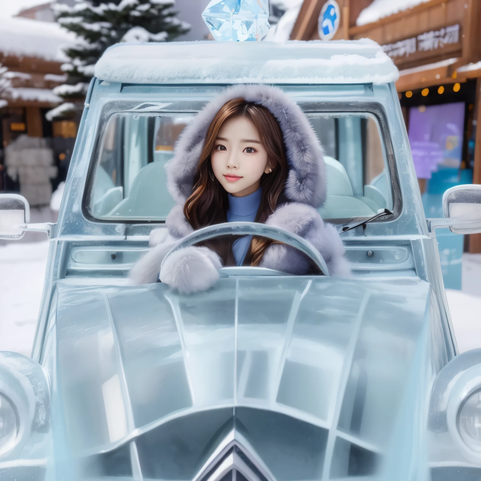 Woman sitting in car, thick fur coat, korean female fashion model, Bae Suzy, park from me, sun yunjoo, crystal, from me, Sky blue thick fur robes, Shin Jin Young, Lee Ji Eun, Lee Ji Eun, whole body shangxia, cold, works of art