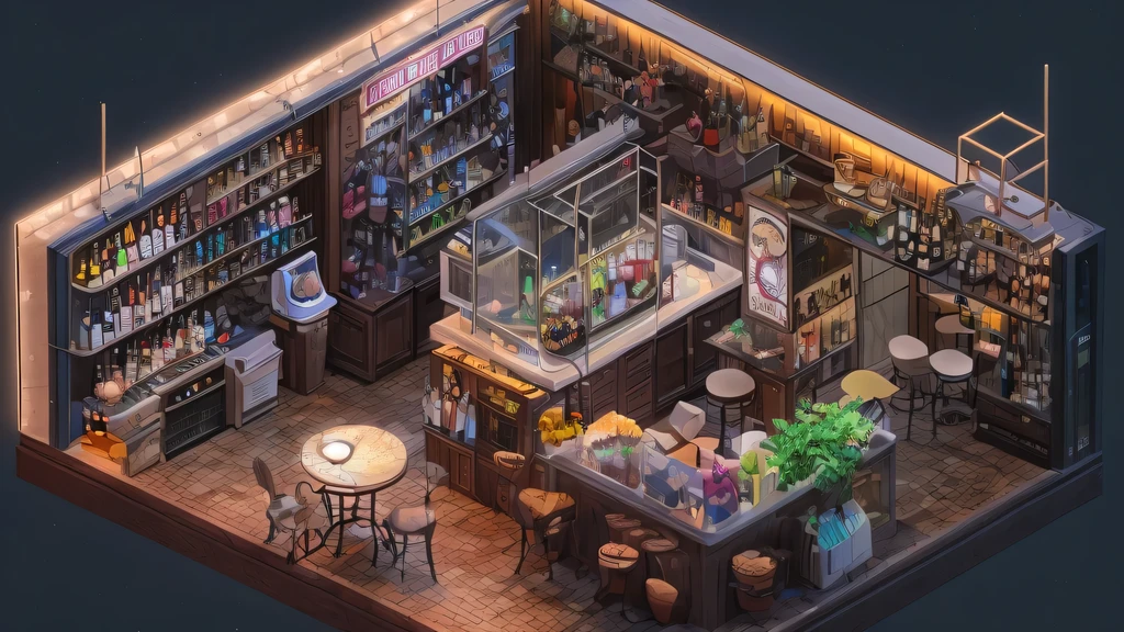 3026 Cyberpunk, Norin Keyes, isometic render,cafes, bar, coffee shop, spiral staircase, Isometric display case, Nolin teardown, Transparent data visualization infographic, High-resolution OLED GUI interface display, high contrast, micro details, octane rendering, photorealism, lifelike