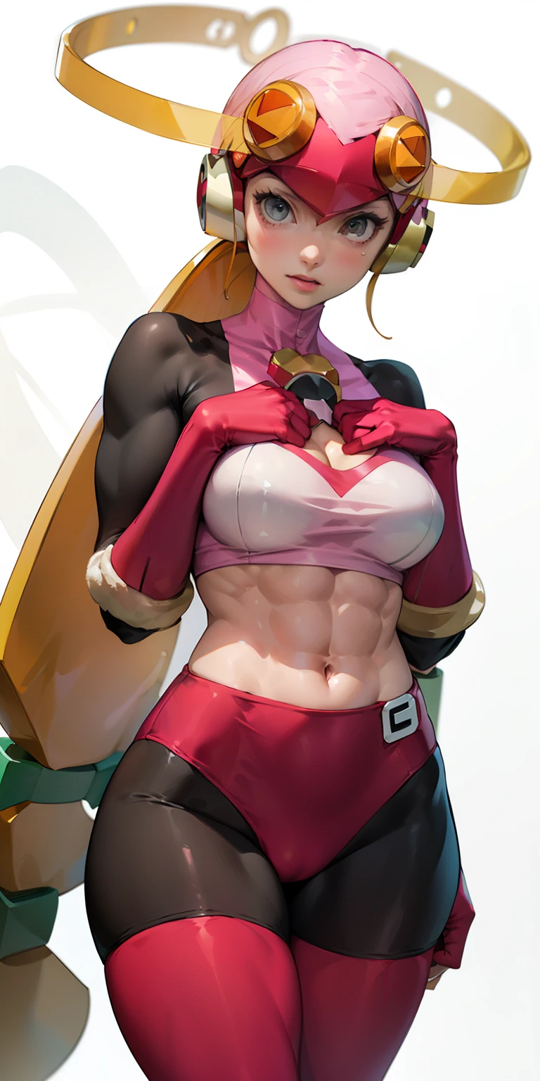 (Soejima Shigenori), masterpiece, best quality,1girl, adult ((roll.exe)), (large breasts), mmrollexe, (slim waist), (slendered abs:1.4), long hAIR,ribbon on hair,((pink bodysuit)), pantyhose, helmet, Female, standing, straight, looking at viewer, with a collar around the neck, gloves