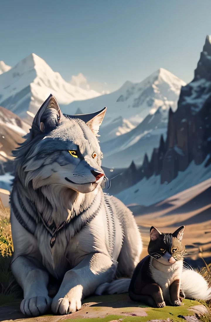 A black kitten and a fluffy silver wolf, looking directly at camera, strike a cat pose, With ultra-clear and ultra-high resolution. The scene takes place outdoors during the day, With distant mountains and grasslands as the background. Black cats are charming, Detailed eyes and beautiful beard. The fur on the kitten is very soft, soft, and shiny. Silver wolf is extremely majestic, with lush, thick moss,The details are complicated. Wolf eyes are sharp and charming. Scene lighting is warm and natural, Rich colors and textures emphasize the kitten and wolf. bright colors, With subtle warm undertones, create、cozy atmosphere. The grassland is vast,energetic, The grass sways gently,There is a feeling of tranquility. The mountains in the distance frame the landscape, Add depth and mystery to scenes. The overall composition is balanced and beautiful, Capturing the undeniable beauty of these two creatures in perfect harmony.