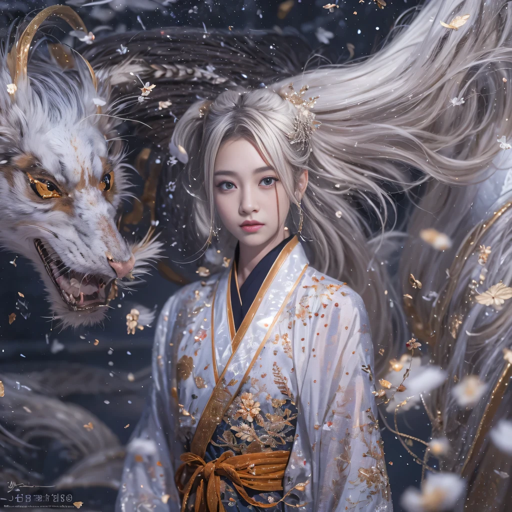 Doomsday Nuclear Ruins 32K(masterpiece,HD,超HD,16k)Flowing short hair,back room pond,Ziddink, a color, Asian (female student), (silk scarf), fighting stance, looking at the audience, long white hair, flowing hair, hanfu, Chinese clothes, long sleeves, (Abstract ink splash:1.2), White background,Kirin guardian beast (realistically:1.4),,snowflakes dancing,The background is very pure, high resolution, detail, RAW photos, Sharp Re, Nikon D850 film photo by Jefferies Lee 4 Kodak Portra 400 camera F1.6 guns, colorful, Ultra-realistic and vivid textures, dramatic lighting, Unreal Engine Art Station Trend, Sinest 800,