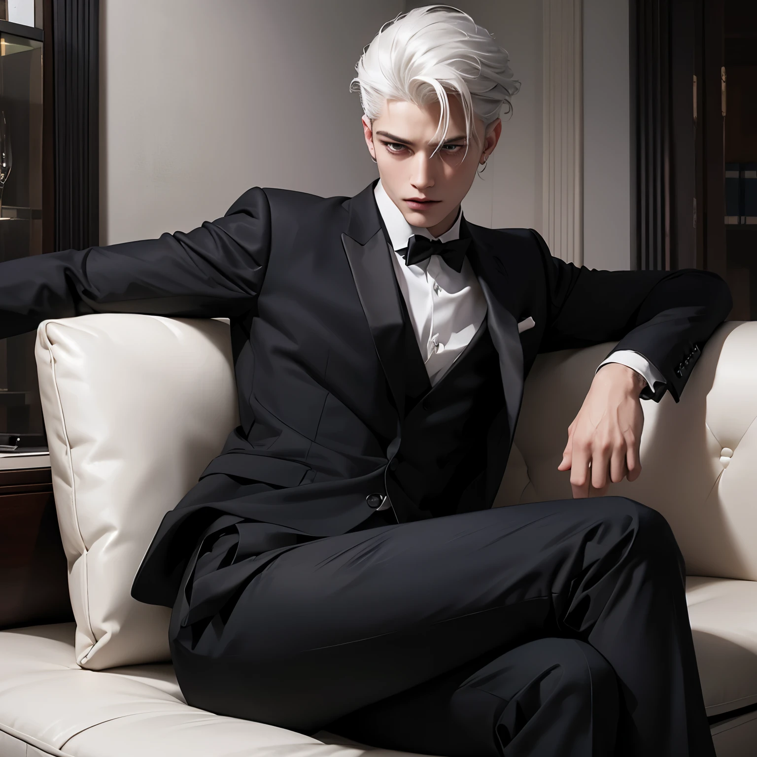 A cool and handsome CEO man about 21 years old, cold gaze, white hair, mullet hairstyle, wearing black suit, an executive man, the backgound is he sitting on single sofa, sexy man, side angle