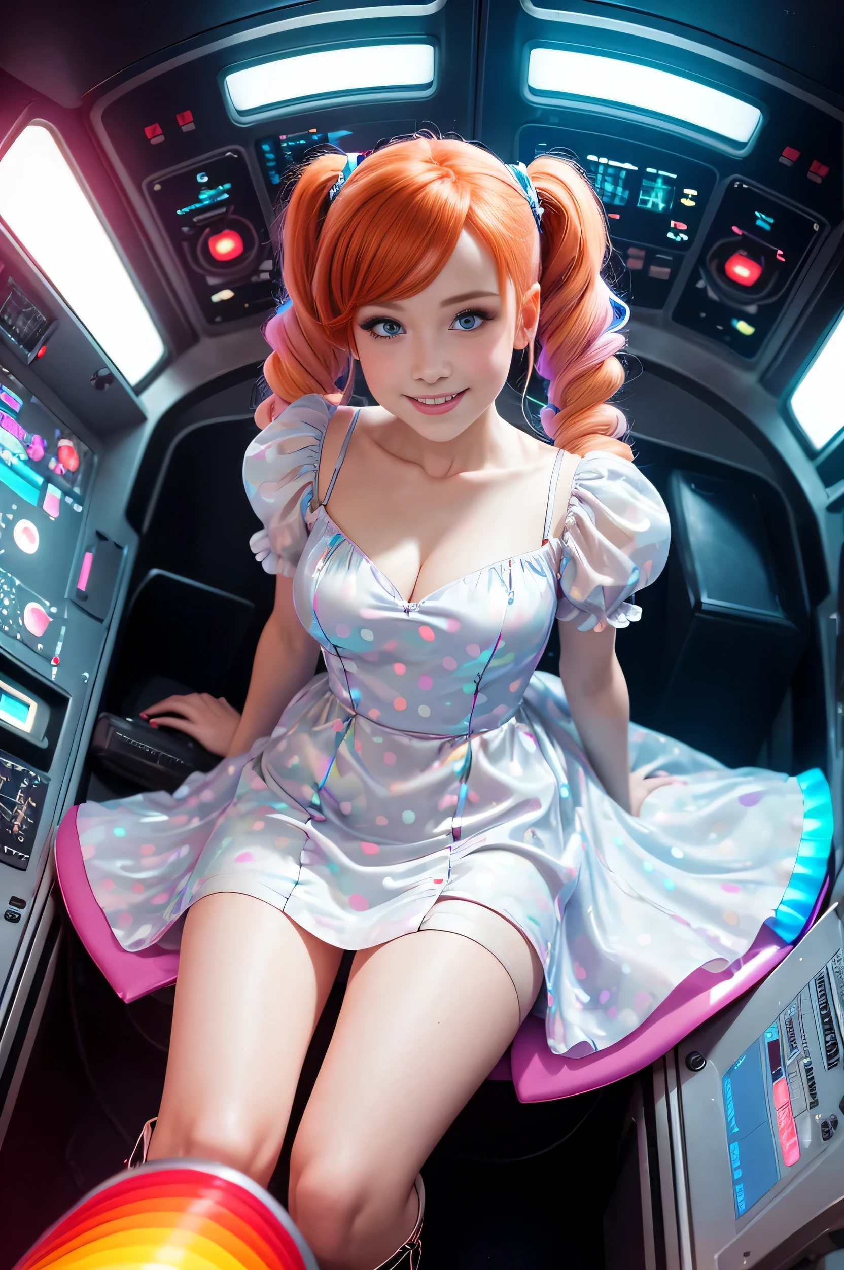 (overhead view) Cute redhead with rainbow colored hair tips, ribbons in her hair, 18-year-old woman, happy, smiling, in twin tails, perfect eyes, clear sparkling blue eyes, pale skin, silky smooth white skin, alabaster skin, flying a fancy metal luxurious space ship, futuristic cockpit, she's a pilot, outer space seen in windows, dark warm lighting, wearing a futuristic party dress, low cut top, pleated (chemise) mini dress (pastel rainbow colors, and polka dots), puffy sleeves, silk, pantyhose, cute short cut booties, boots.