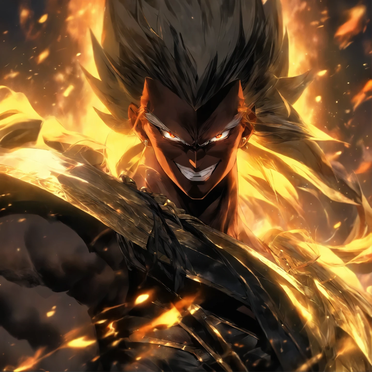 中国古代general,long black hair, Yellow skin, general,Smile, closeup portrait, Fantastic look, rpg character, medieval fantasy, white hair, Red eyes, 1.90 height, Musk, Half-body shot, scar, ((Cone hairstyle + Comb a man's hairstyle)), Black boots, whole body ((whole body)), muscle body, Outfit in black, ((Black fantasy costume)), ((High quality)),