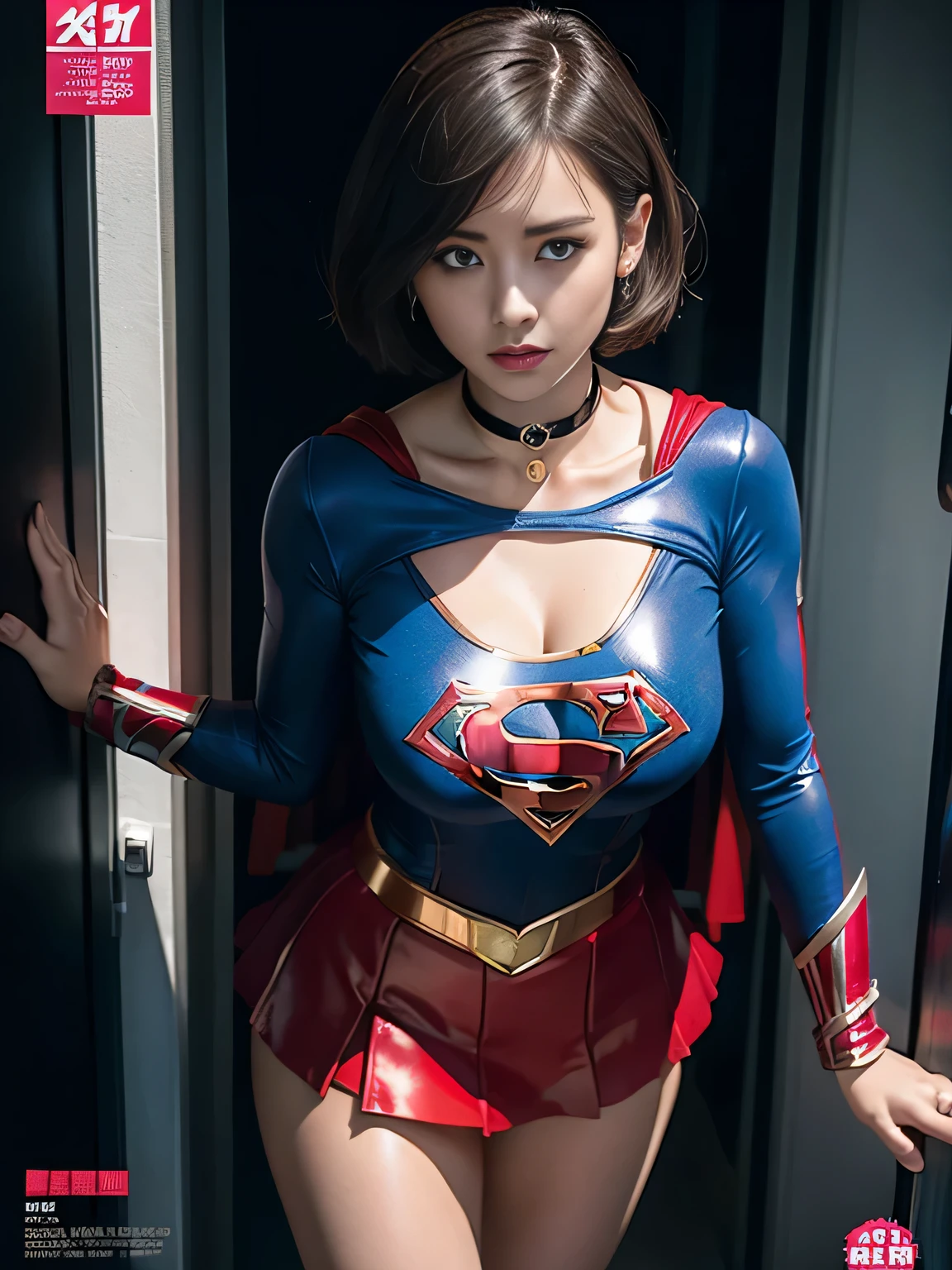 masterpiece、Shorthair Supergirl、big and full breasts、look at the camera、shiny costume、choker、red mini skirt、long sleeve、Magazine cover style、obscene pose、Seduce