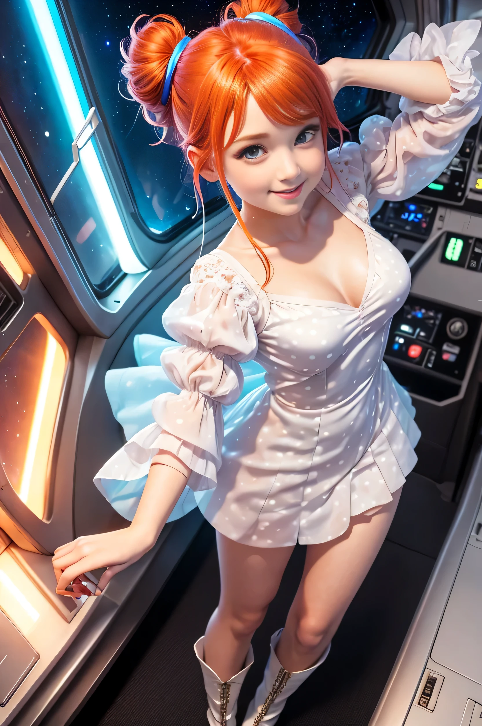 (overhead view) Cute redhead with rainbow colored hair tips, ribbons in her hair, 18-year-old woman, happy, smiling, in twin tails, perfect eyes, clear sparkling blue eyes, pale skin, silky smooth white skin, alabaster skin, flying a fancy metal luxurious space ship, futuristic cockpit, she's a pilot, outer space seen in windows, dark warm lighting, wearing a futuristic party dress, low cut top, pleated (chemise) mini dress (pastel rainbow colors, and polka dots), puffy sleeves, silk, pantyhose, cute short cut booties, boots.