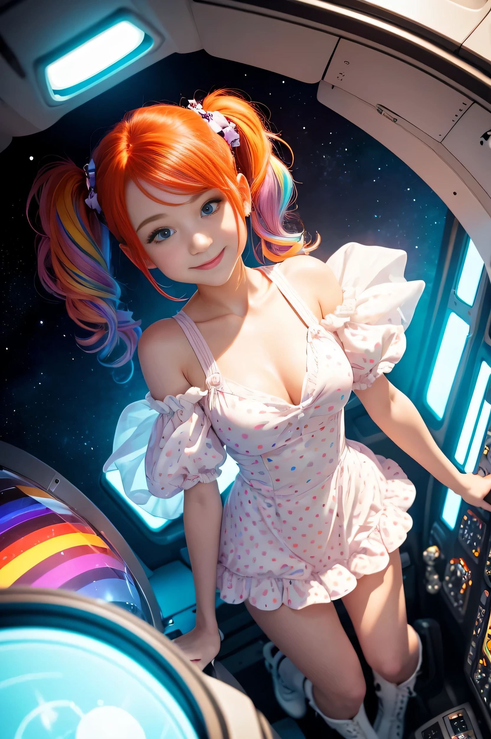 (overhead view) Cute redhead with rainbow colored hair tips, ribbons in her hair, 18-year-old woman, happy, smiling, in twin tails, perfect eyes, clear sparkling blue eyes, pale skin, silky smooth white skin, alabaster skin, flying a fancy metal luxurious space ship, futuristic cockpit, she's a pilot, outer space seen in windows, dark warm lighting, wearing a futuristic party dress, low cut top, pleated (chemise) mini dress (pastel rainbow colors, and polka dots), puffy sleeves, silk, pantyhose, cute short cut booties, boots.