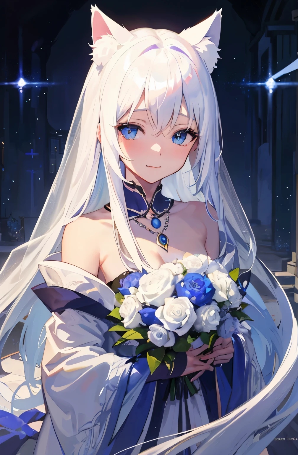 best quality, a girl, long white hair，日本cartoon, Fair and translucent skin, whole body, Sensual,blue eyes，sapphire necklace，gentle eyes, cat ears, cartoon, fantasy, Tempting, shy face,  frightened, cat tail, wizard, excellent, portrait, perspective，happy wedding, bouquet，White wedding dress，Complex clothing